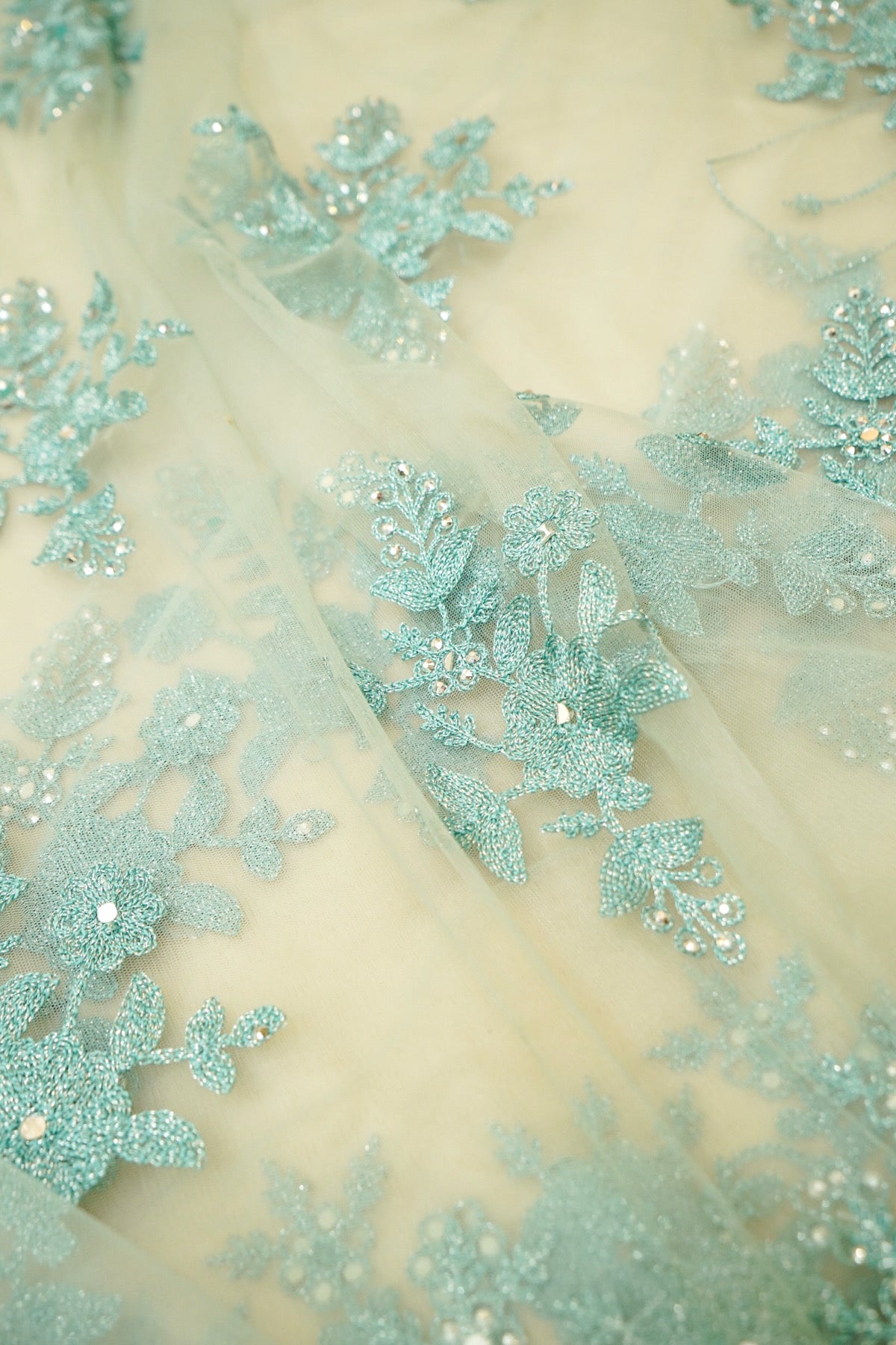 Seafoam Green Sequined Floral Embroidered Designer Net Saree with Readymade Blouse