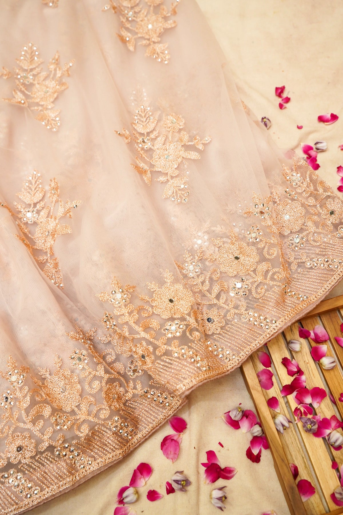 Peach Blush Sequined Floral Embroidered Designer Net Saree with Readymade Blouse