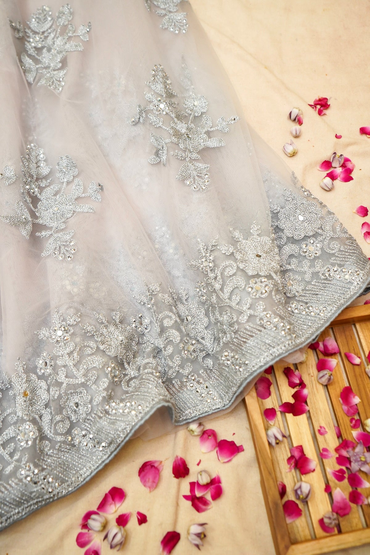 Pearl Grey Sequined Floral Embroidered Designer Net Saree with Readymade Blouse