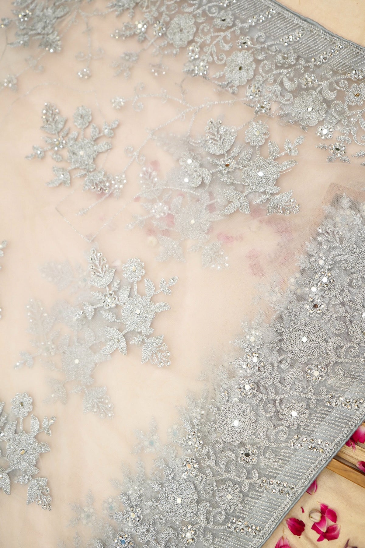 Pearl Grey Sequined Floral Embroidered Designer Net Saree with Readymade Blouse