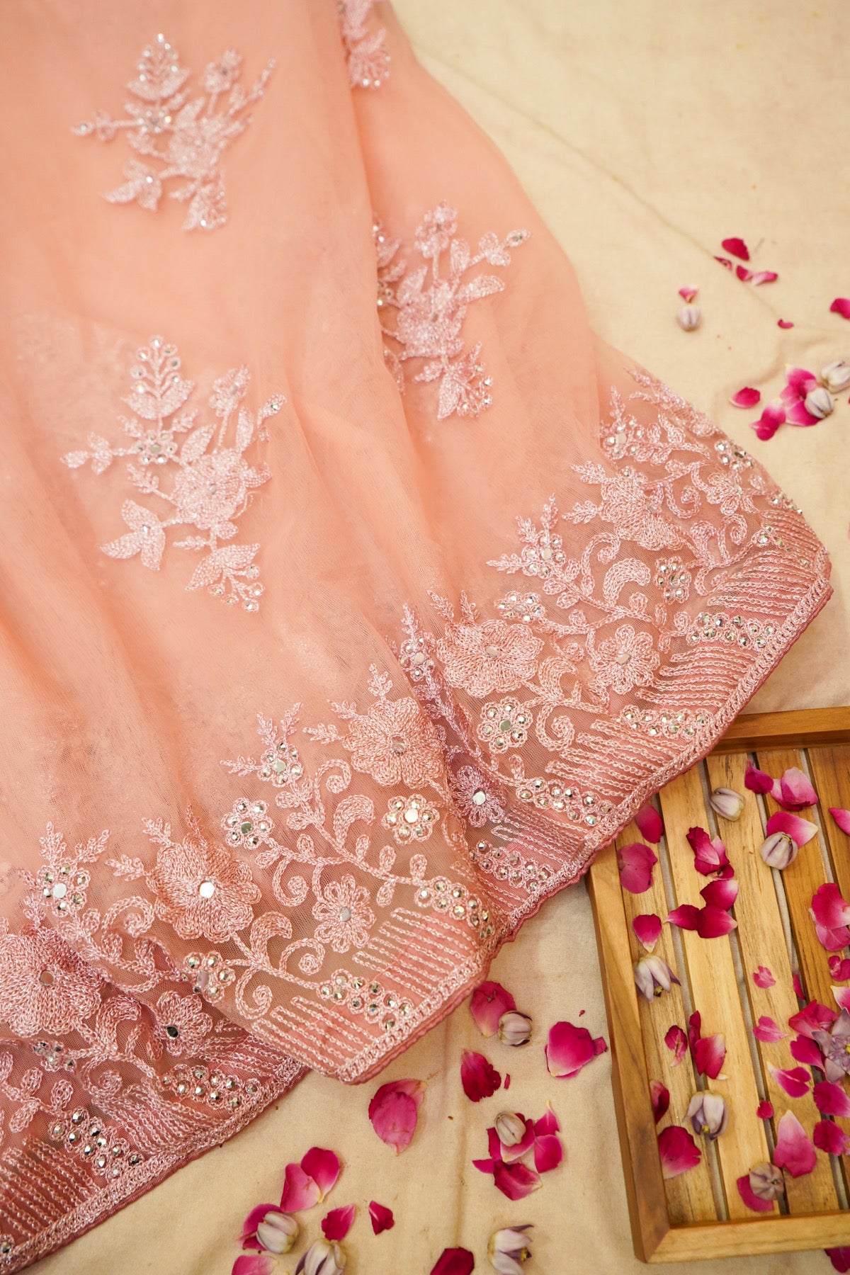 Dusty Rose Sequined Floral Embroidered Designer Net Saree with Readymade Blouse