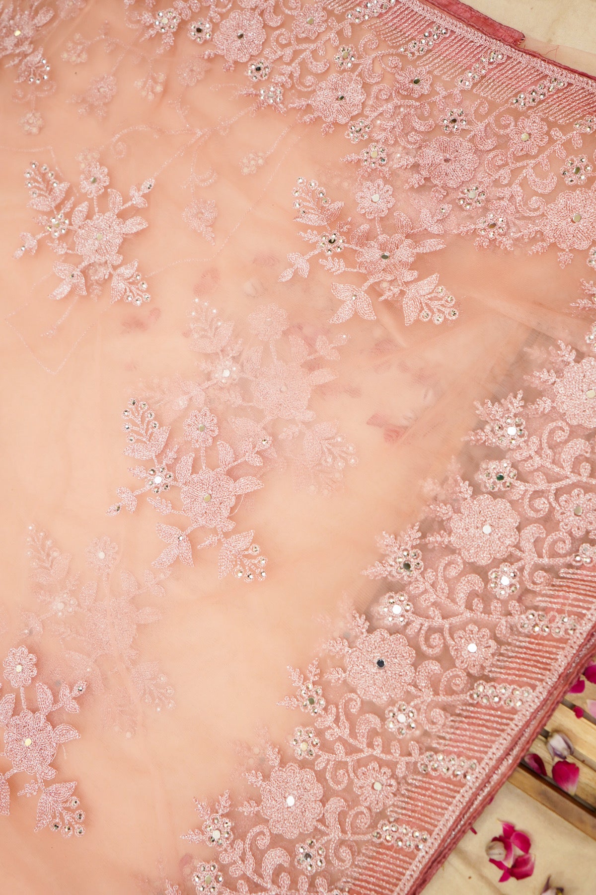 Dusty Rose Sequined Floral Embroidered Designer Net Saree with Readymade Blouse