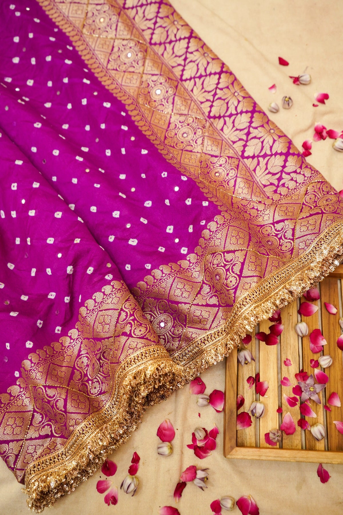 Rani Pink Bandhani Banarasi Dupion Silk Saree with Fringe Border