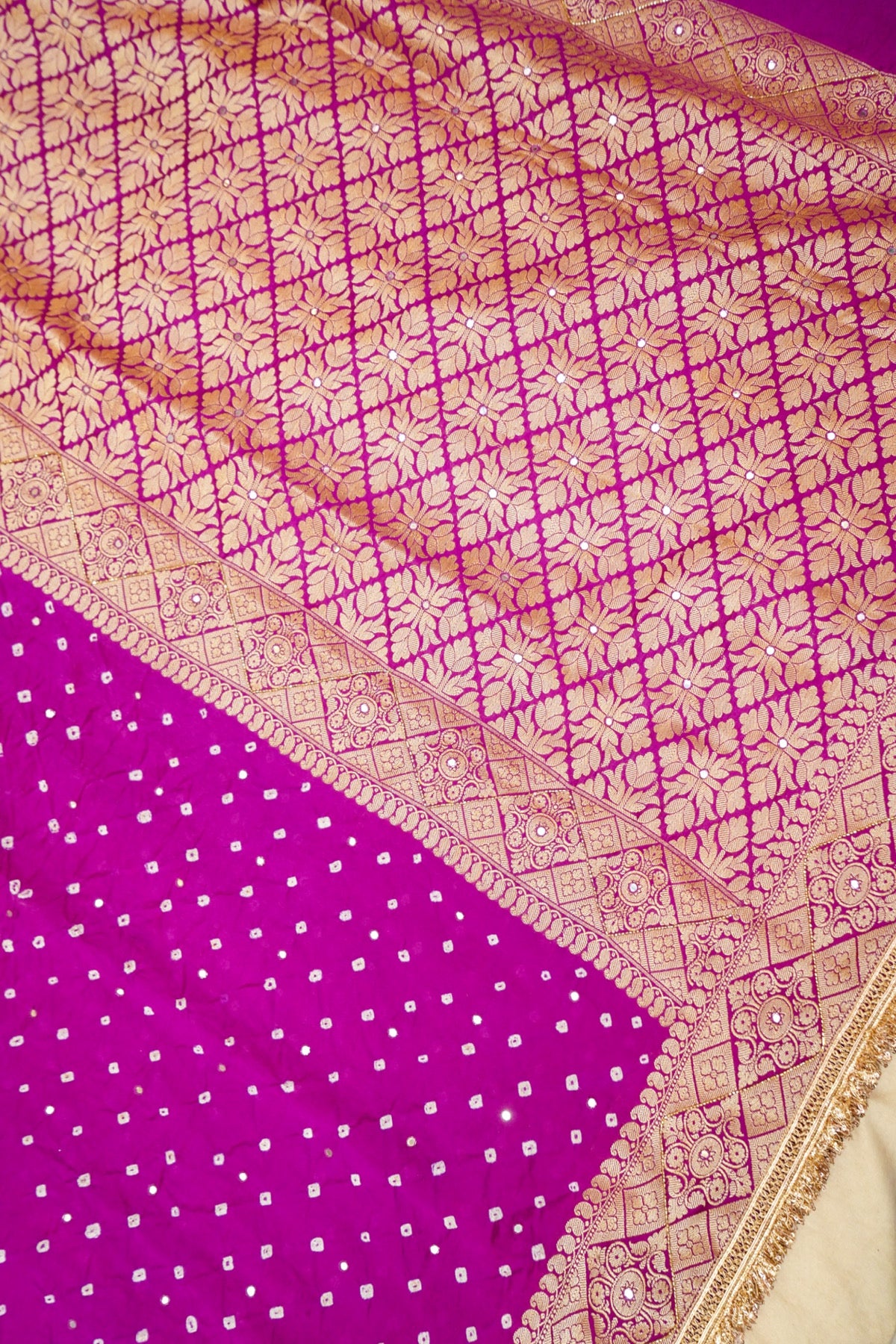 Rani Pink Bandhani Banarasi Dupion Silk Saree with Fringe Border
