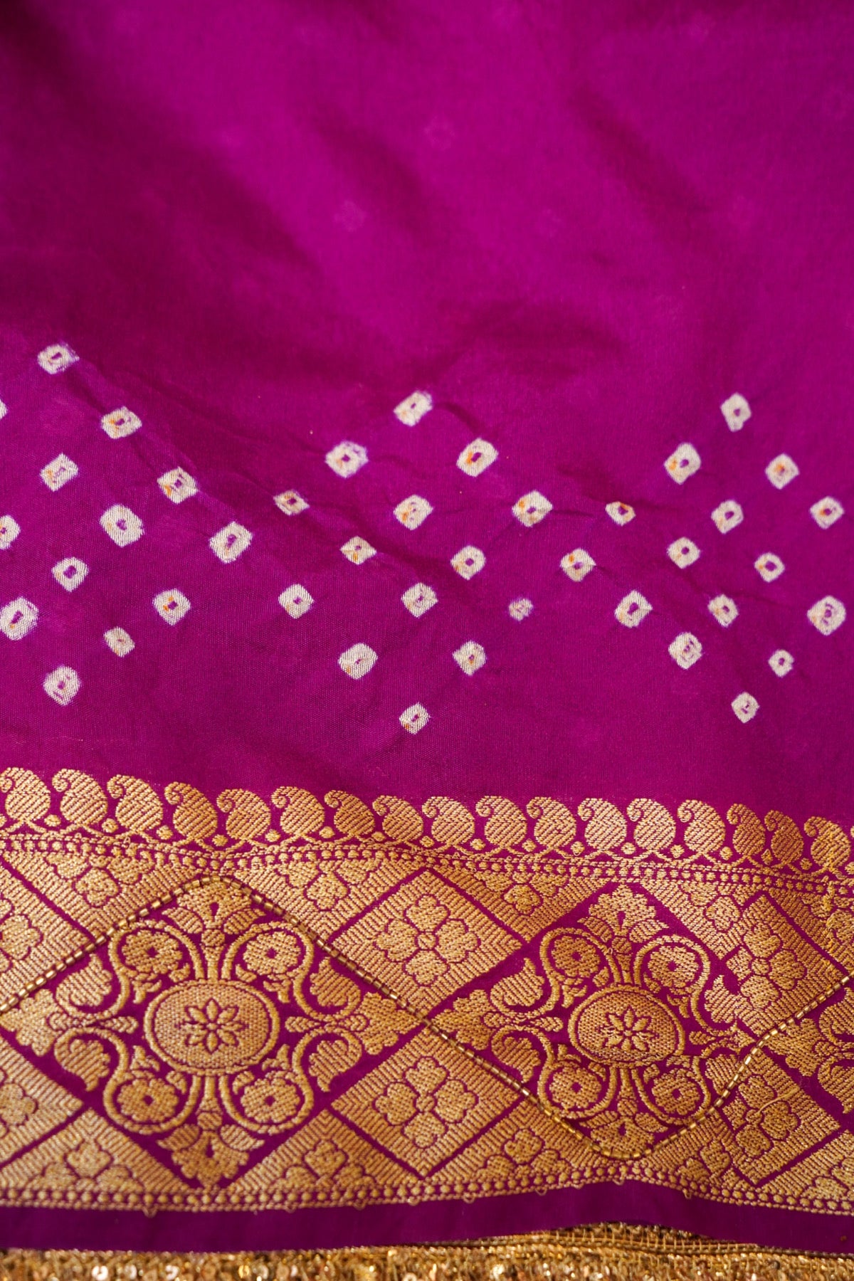 Rani Pink Bandhani Banarasi Dupion Silk Saree with Fringe Border