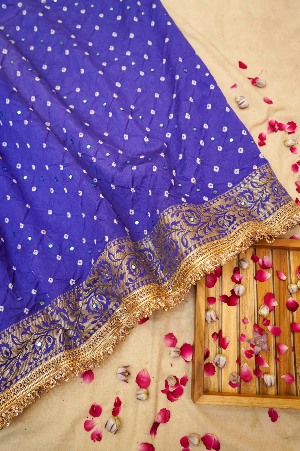 Royal Blue Bandhani Saree with Floral Mirror and Fringe Border