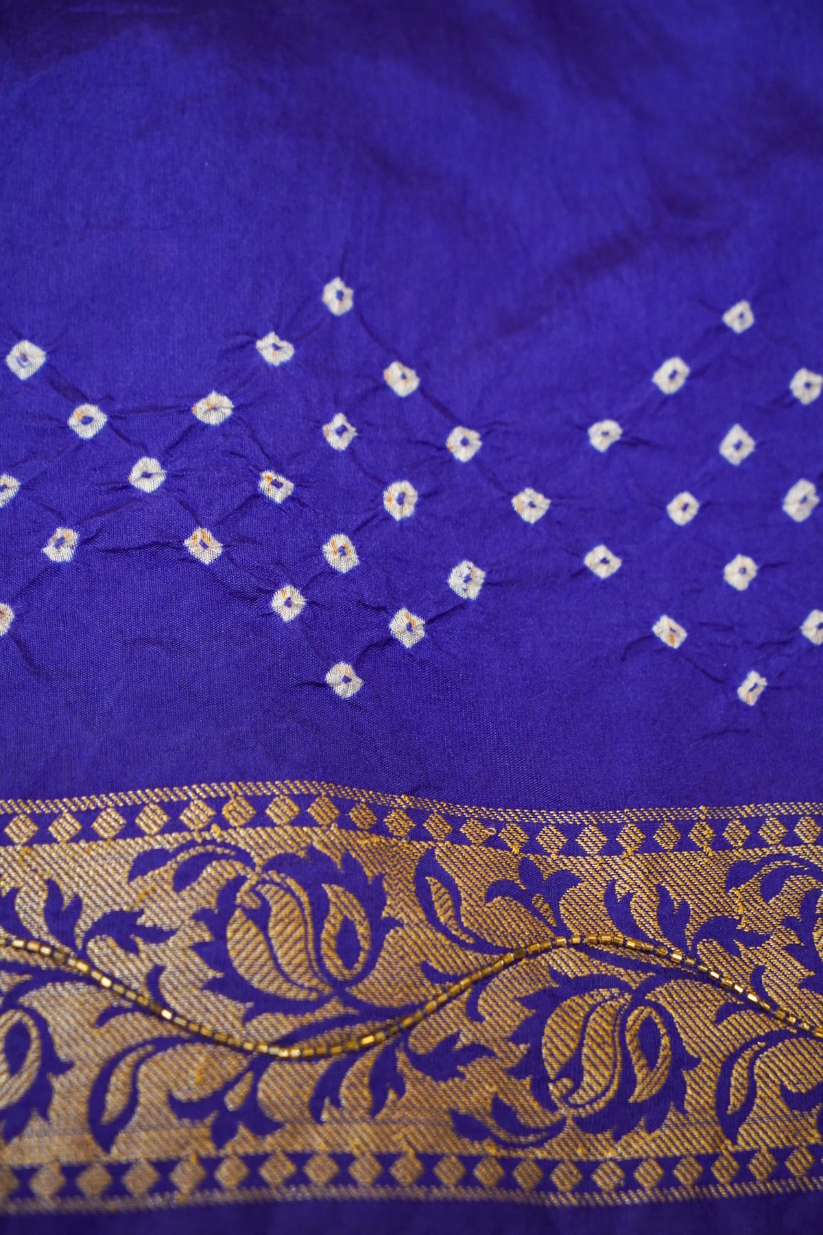 Royal Blue Bandhani Saree with Floral Mirror and Fringe Border