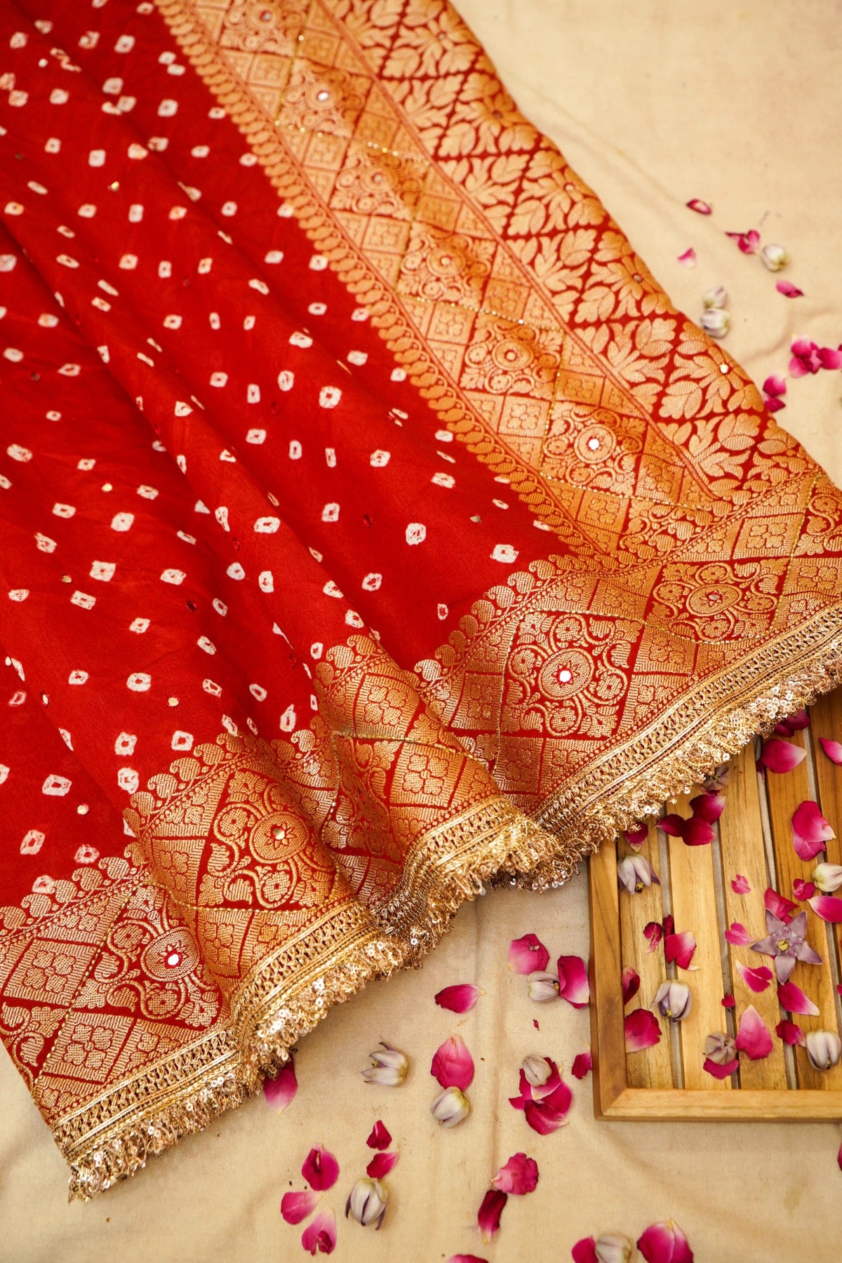 Vermilion Red Bandhani Banarasi Dupion Silk Saree with Fringe Border