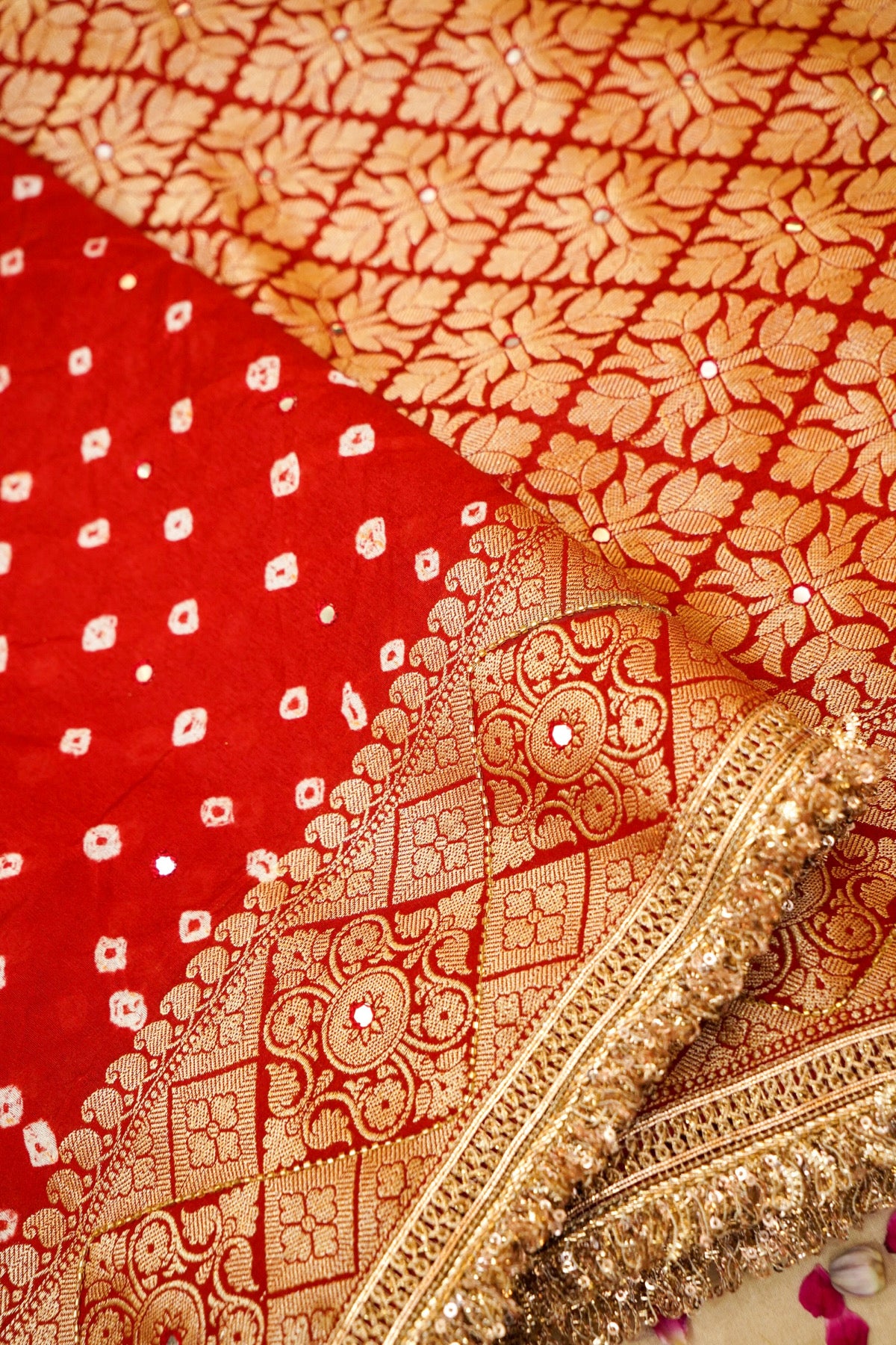Vermilion Red Bandhani Banarasi Dupion Silk Saree with Fringe Border