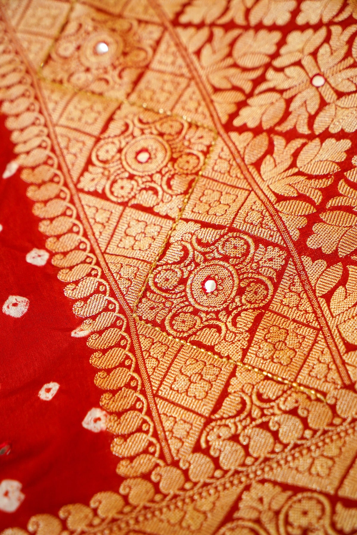 Vermilion Red Bandhani Banarasi Dupion Silk Saree with Fringe Border