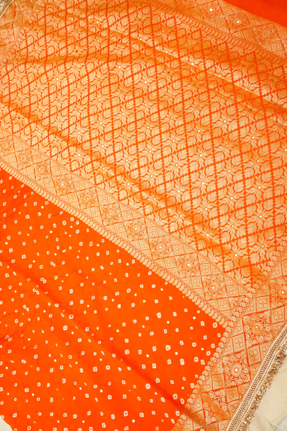 Tangerine Orange Bandhani Banarasi Dupion Silk Saree with Fringe Border