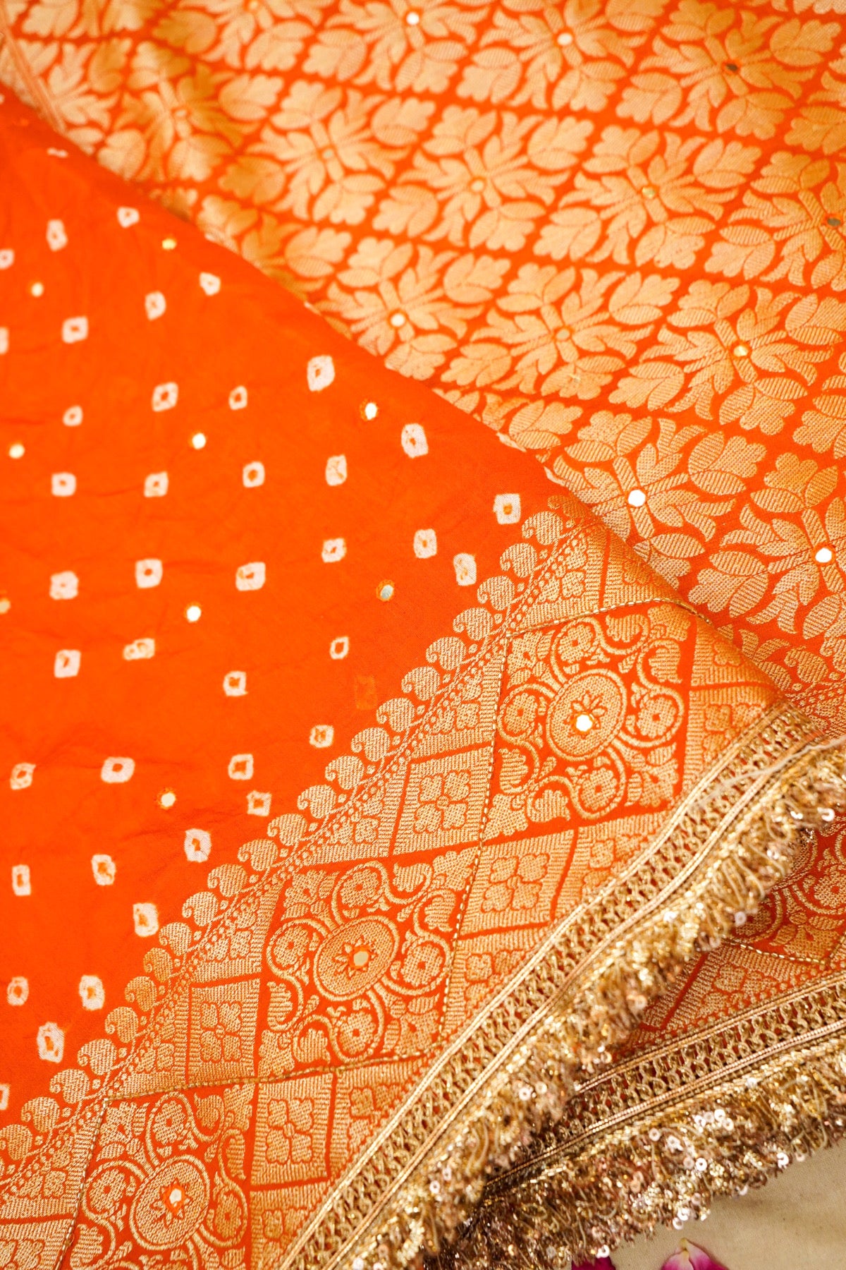 Tangerine Orange Bandhani Banarasi Dupion Silk Saree with Fringe Border