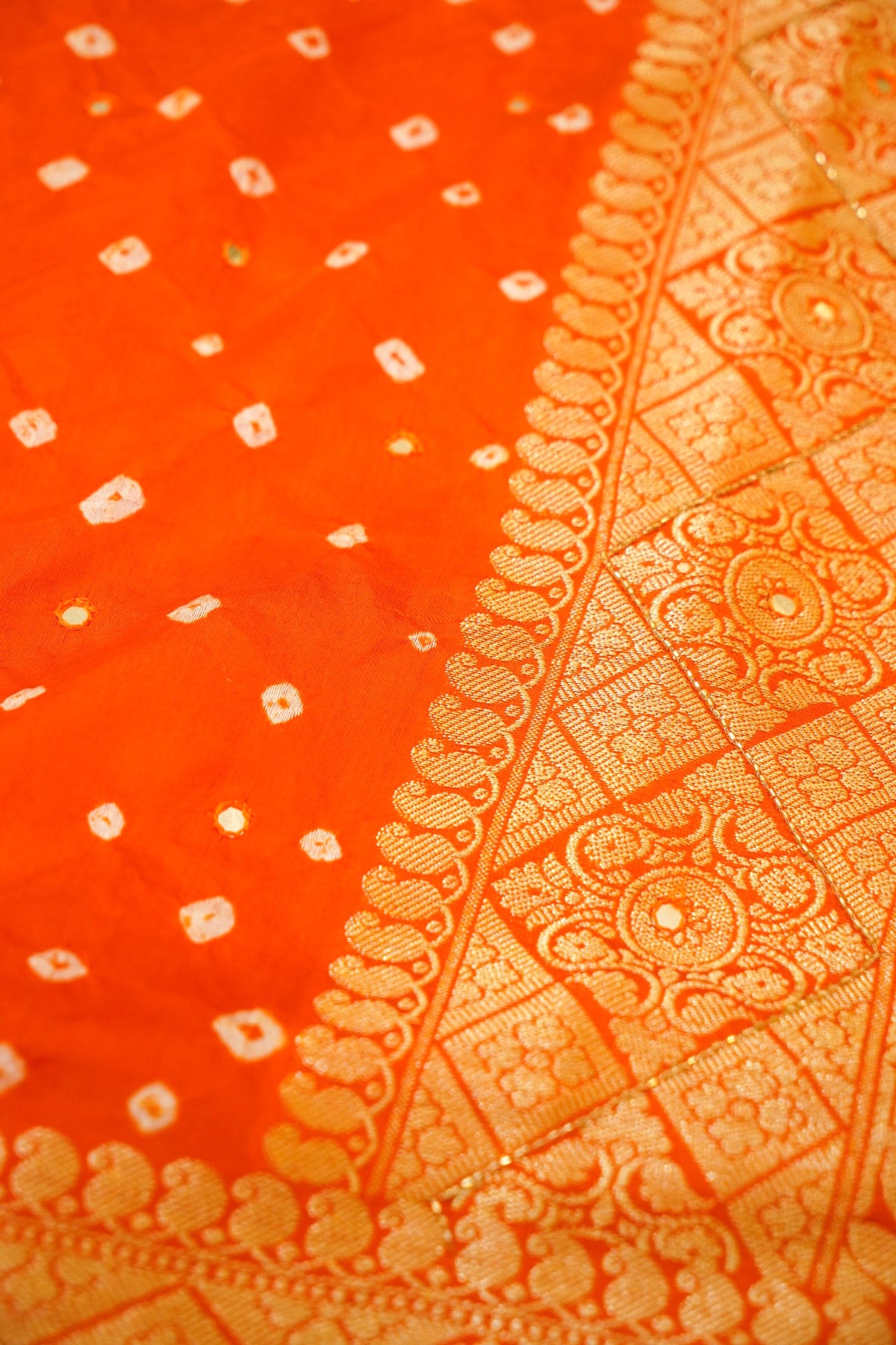 Tangerine Orange Bandhani Banarasi Dupion Silk Saree with Fringe Border