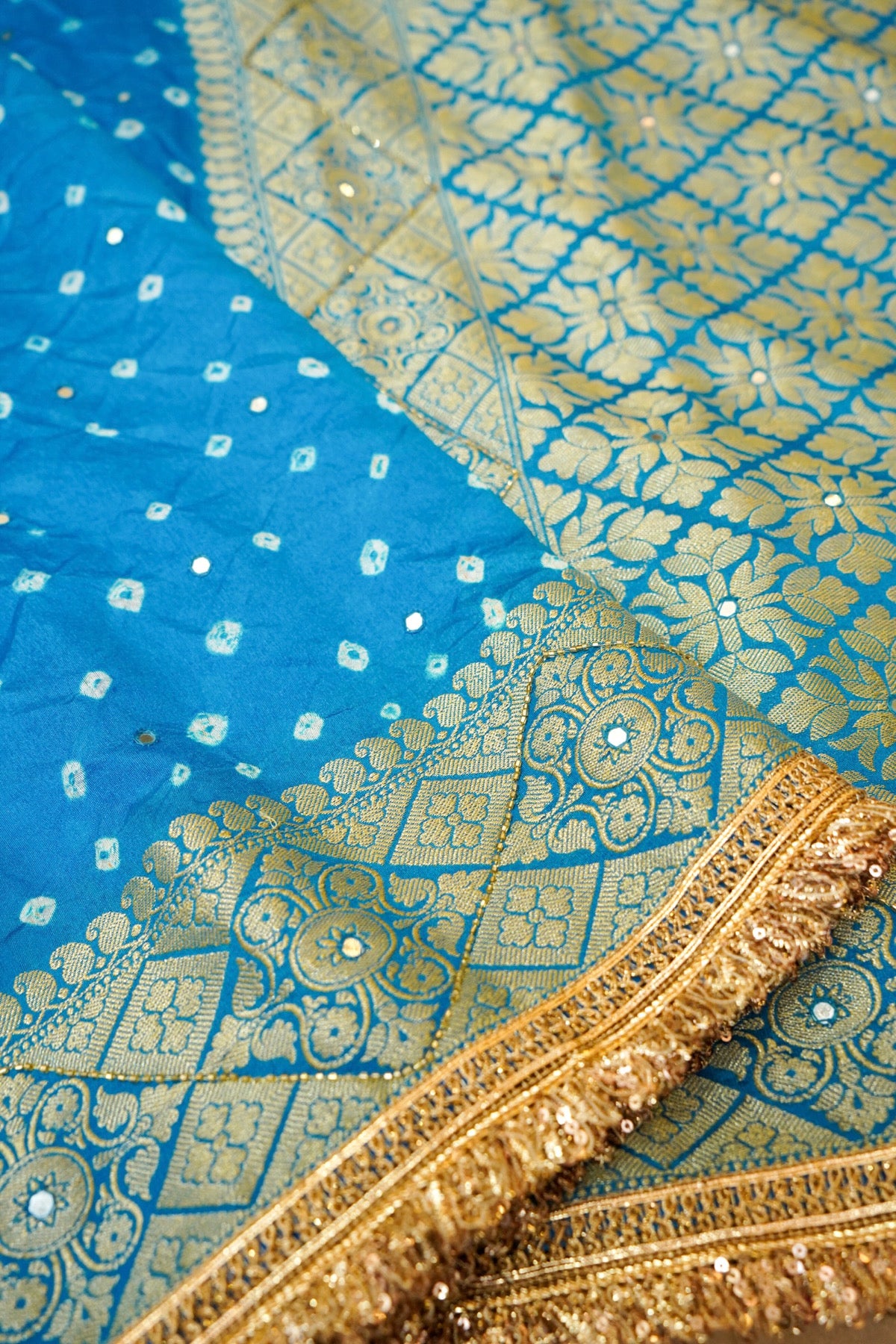 Azure Blue Bandhani Banarasi Dupion Silk Saree with Fringe Border