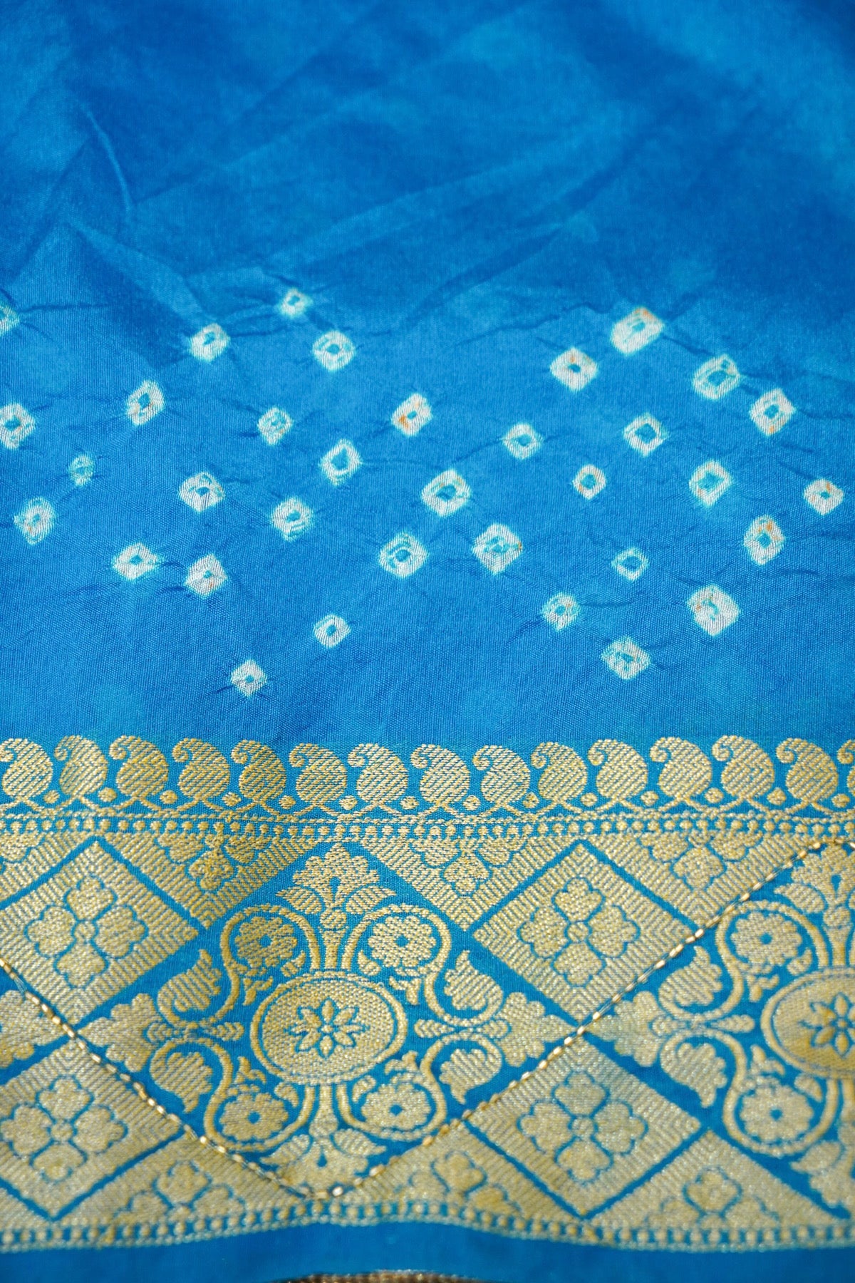 Azure Blue Bandhani Banarasi Dupion Silk Saree with Fringe Border
