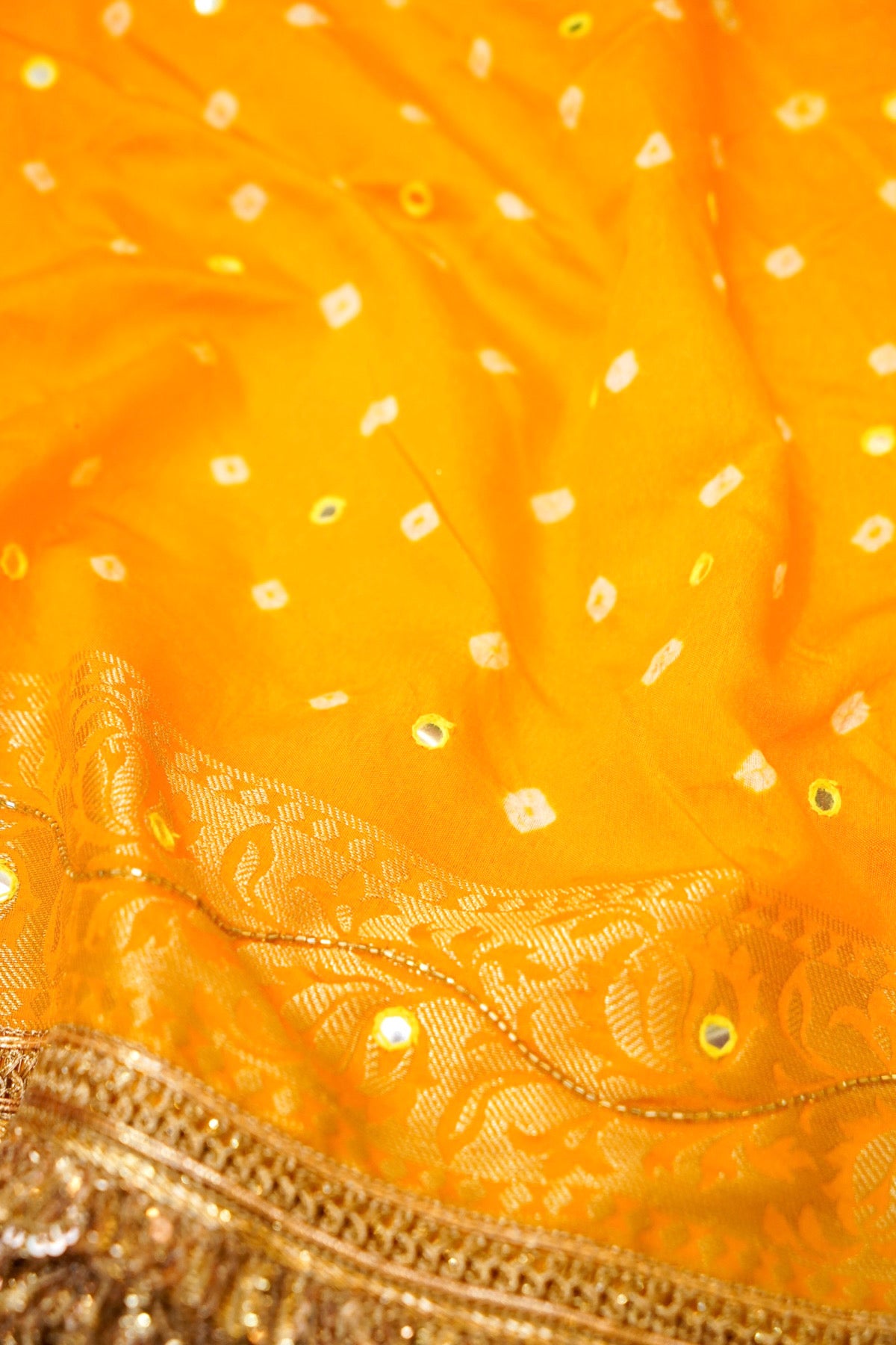 Marigold Yellow Bandhani Saree with Floral Mirror and Fringe Border