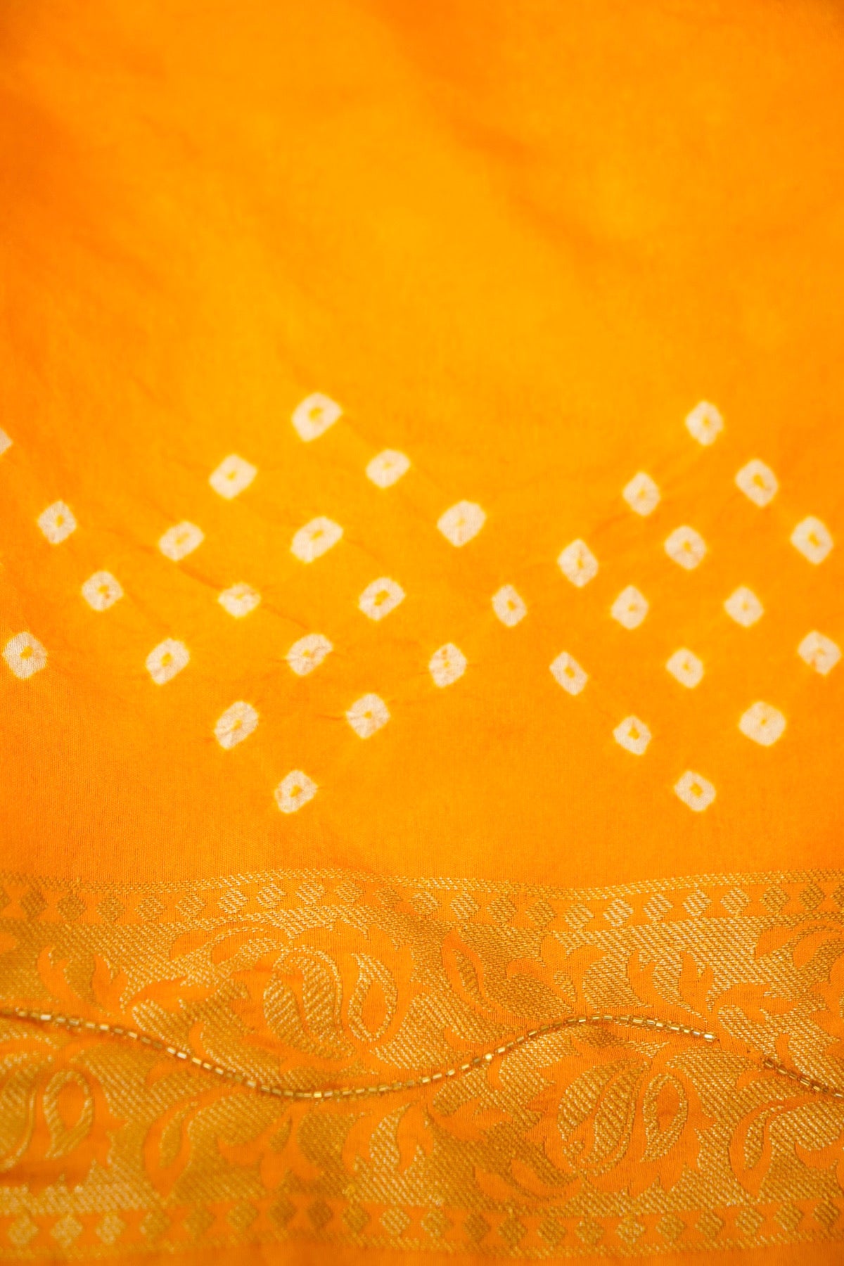Marigold Yellow Bandhani Saree with Floral Mirror and Fringe Border
