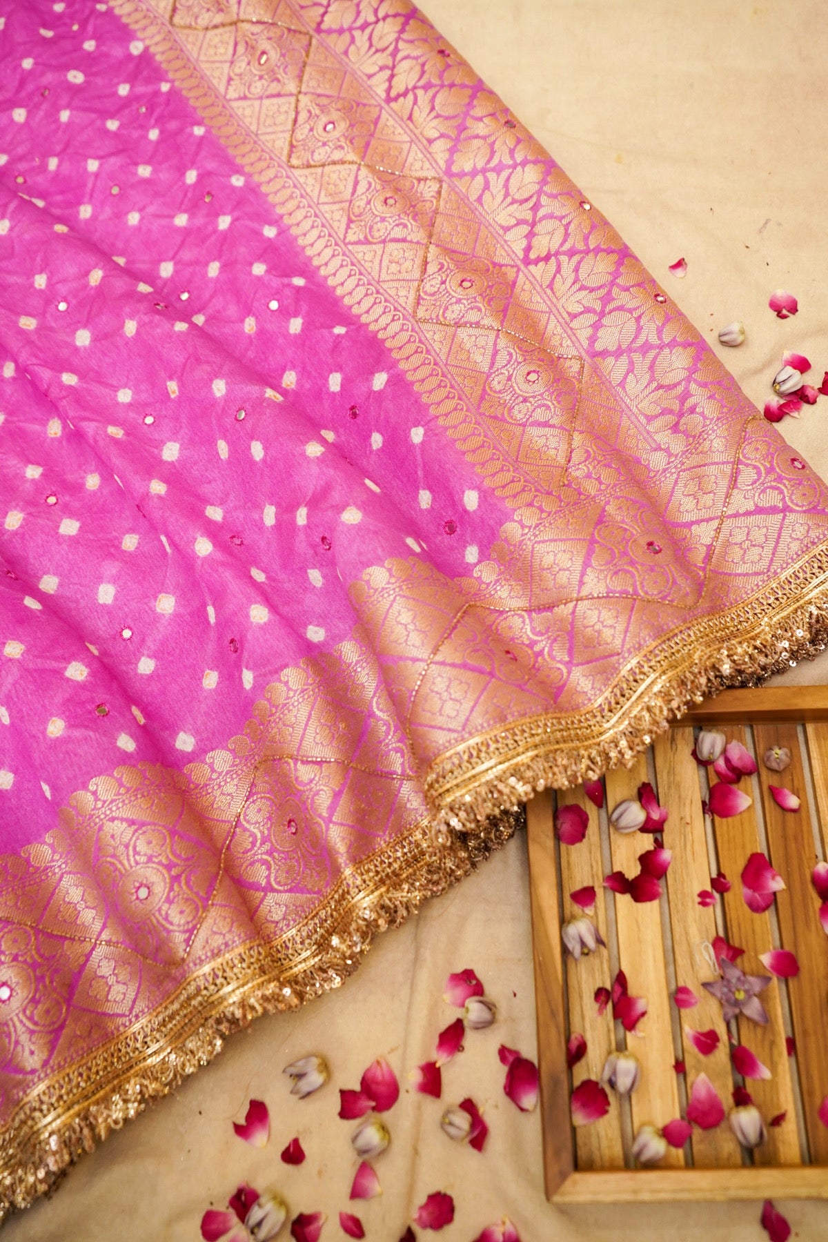 Gulabi Pink Bandhani Banarasi Dupion Silk Saree with Fringe Border