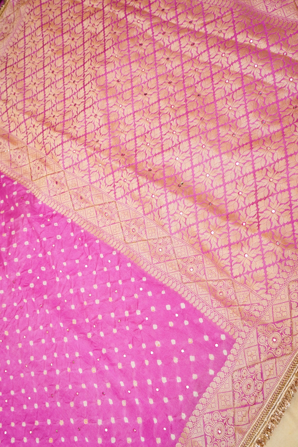 Gulabi Pink Bandhani Banarasi Dupion Silk Saree with Fringe Border