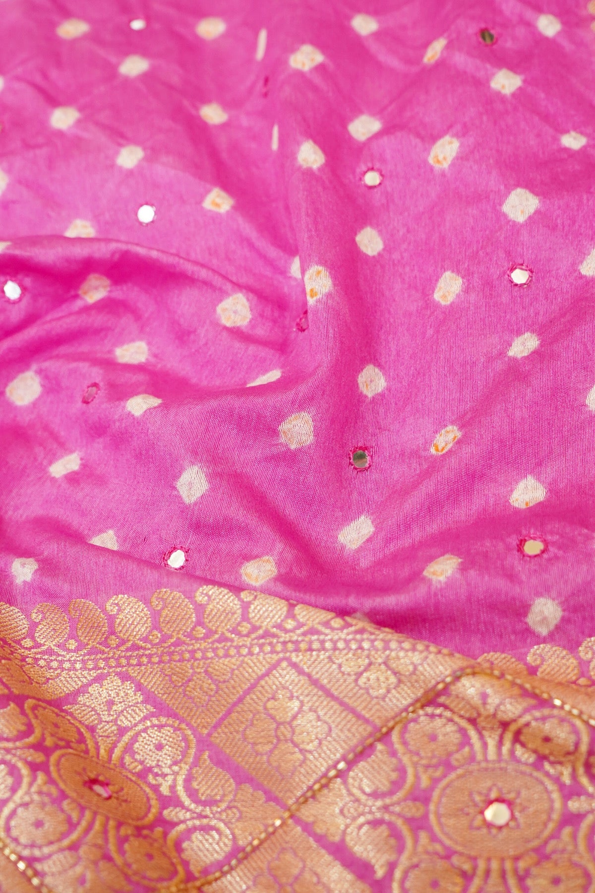 Gulabi Pink Bandhani Banarasi Dupion Silk Saree with Fringe Border