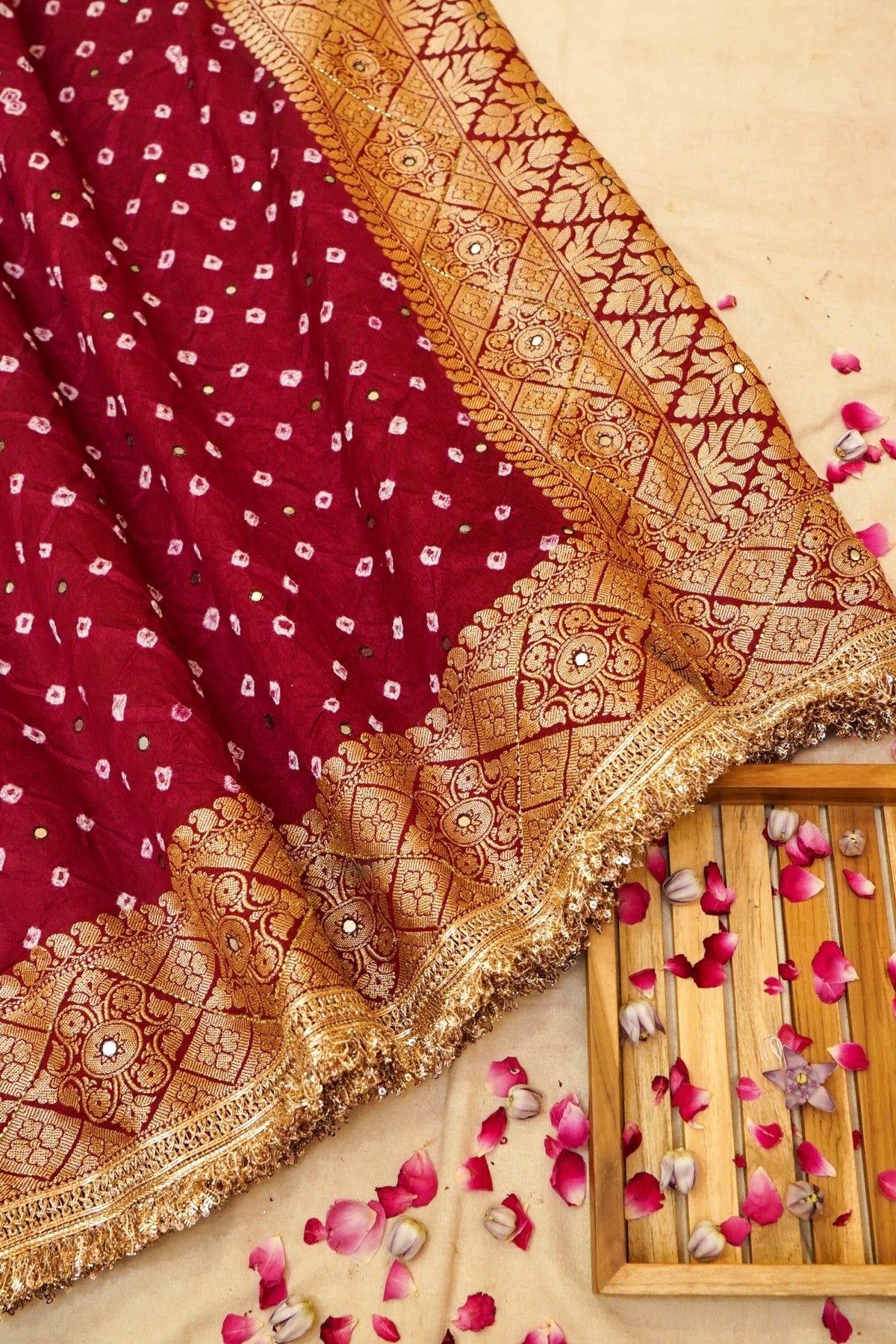 Deep Wine Red Bandhani Banarasi Dupion Silk Saree with Fringe Border