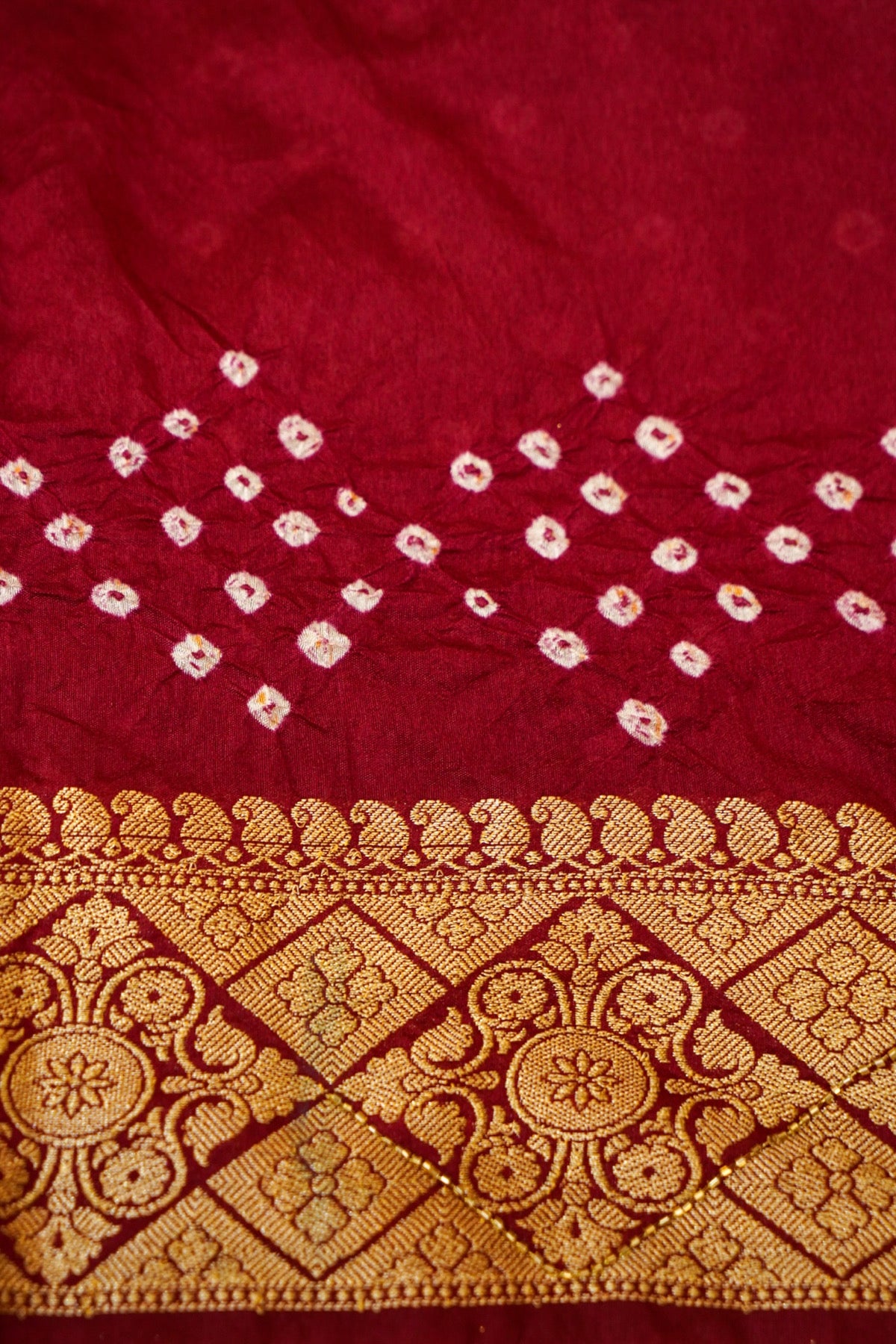 Deep Wine Red Bandhani Banarasi Dupion Silk Saree with Fringe Border