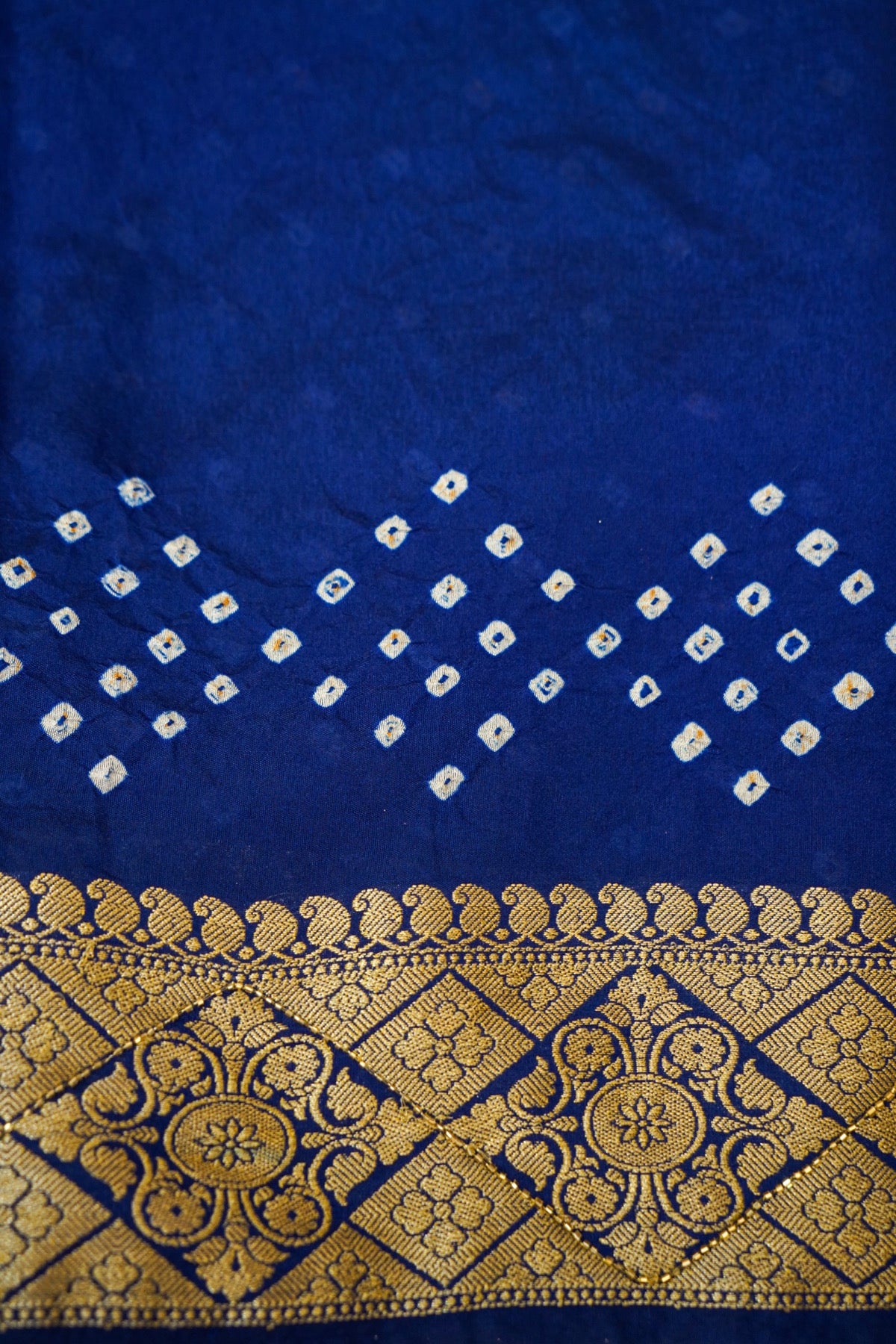 Royal Blue Bandhani Banarasi Dupion Silk Saree with Fringe Border