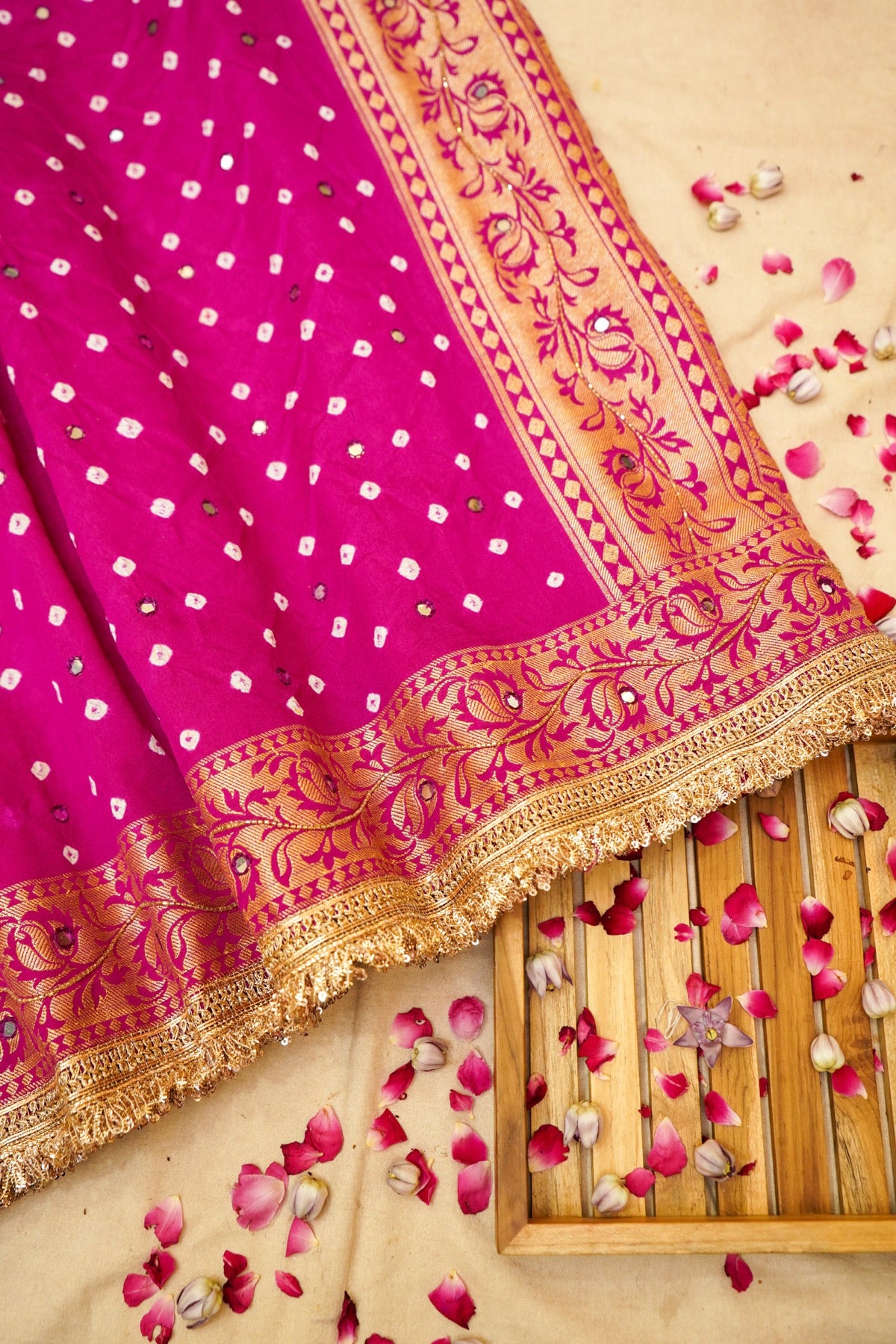 Fuchsia Pink Bandhani Saree with Floral Mirror and Fringe Border