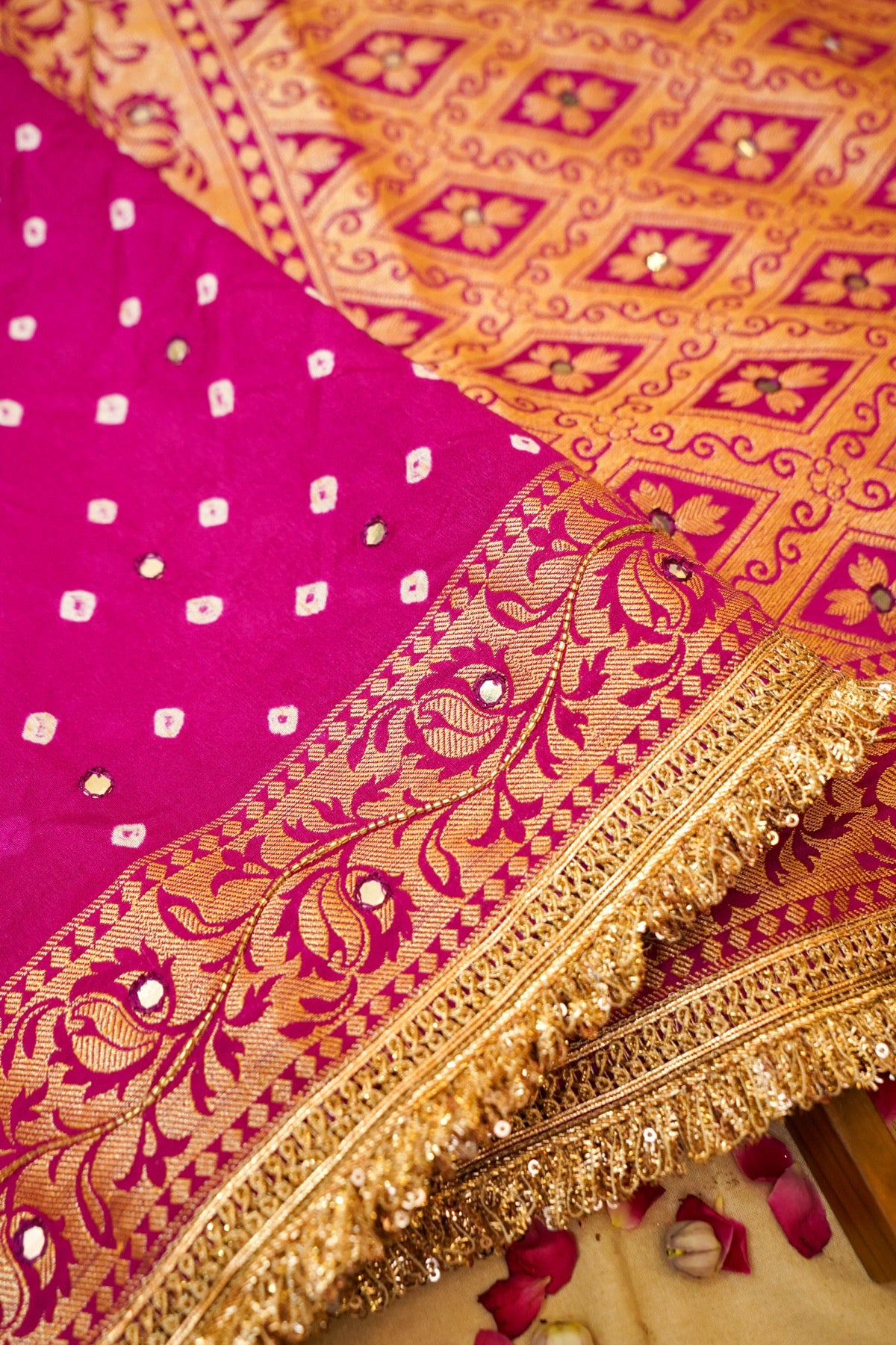 Fuchsia Pink Bandhani Saree with Floral Mirror and Fringe Border