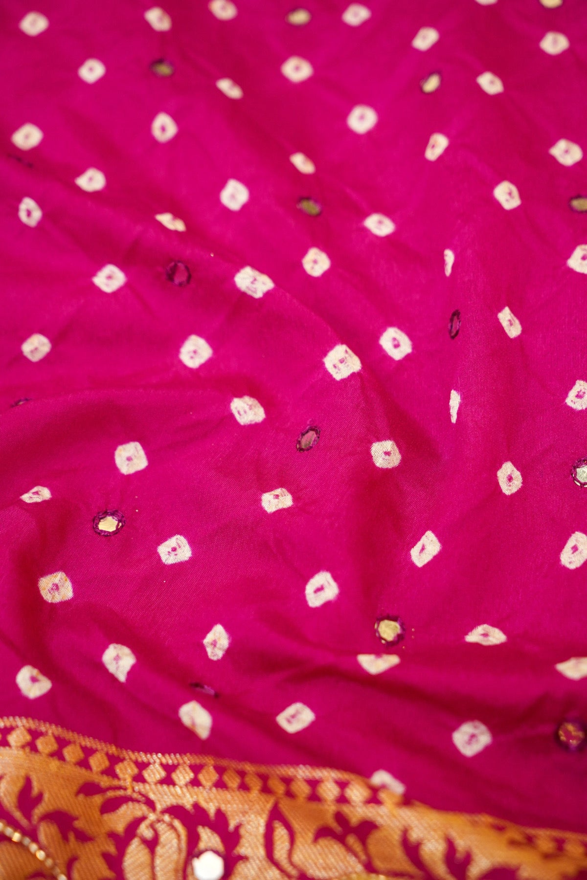 Fuchsia Pink Bandhani Saree with Floral Mirror and Fringe Border