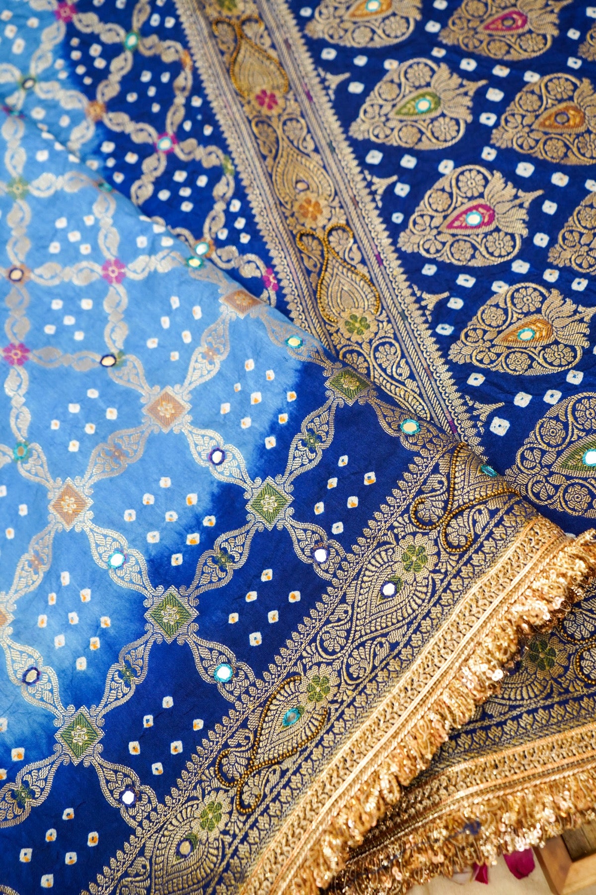 Royal Blue Ombre Bandhani Saree with Mirror Work and Fringe Border