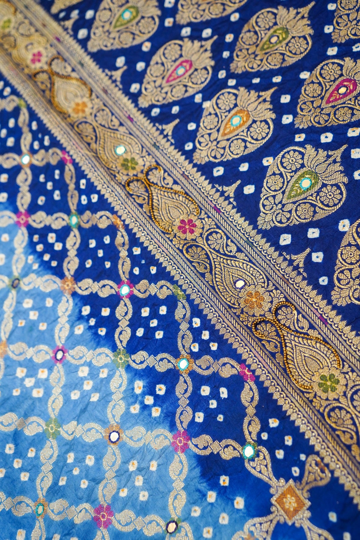 Royal Blue Ombre Bandhani Saree with Mirror Work and Fringe Border