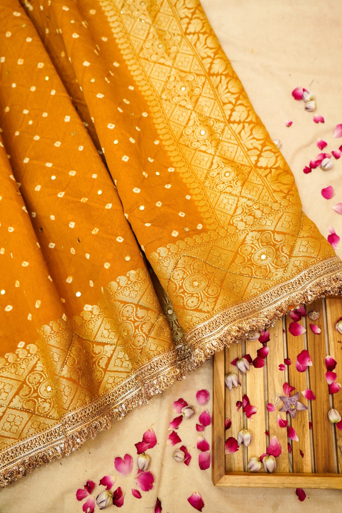 Mustard Gold Bandhani Banarasi Dupion Silk Saree with Fringe Border