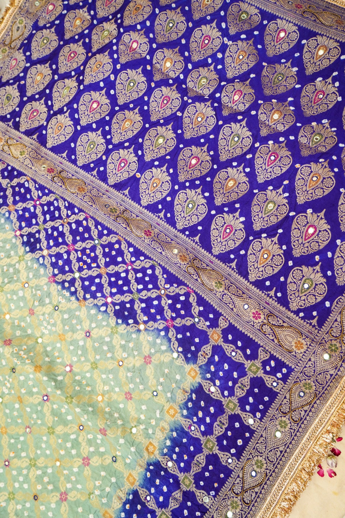 Mint Green - Royal Blue Ombre Bandhani Saree with Mirror Work and Fringe Border