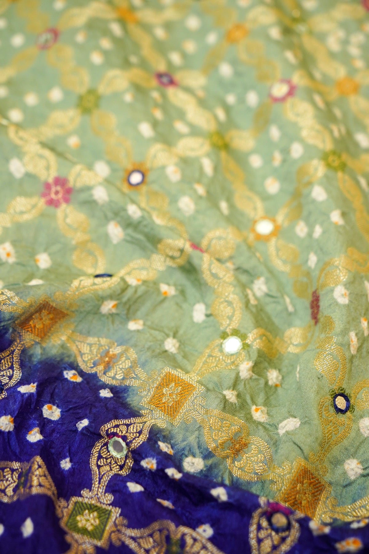 Mint Green - Royal Blue Ombre Bandhani Saree with Mirror Work and Fringe Border