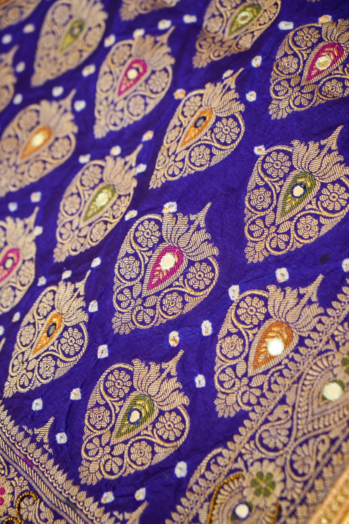 Mint Green - Royal Blue Ombre Bandhani Saree with Mirror Work and Fringe Border