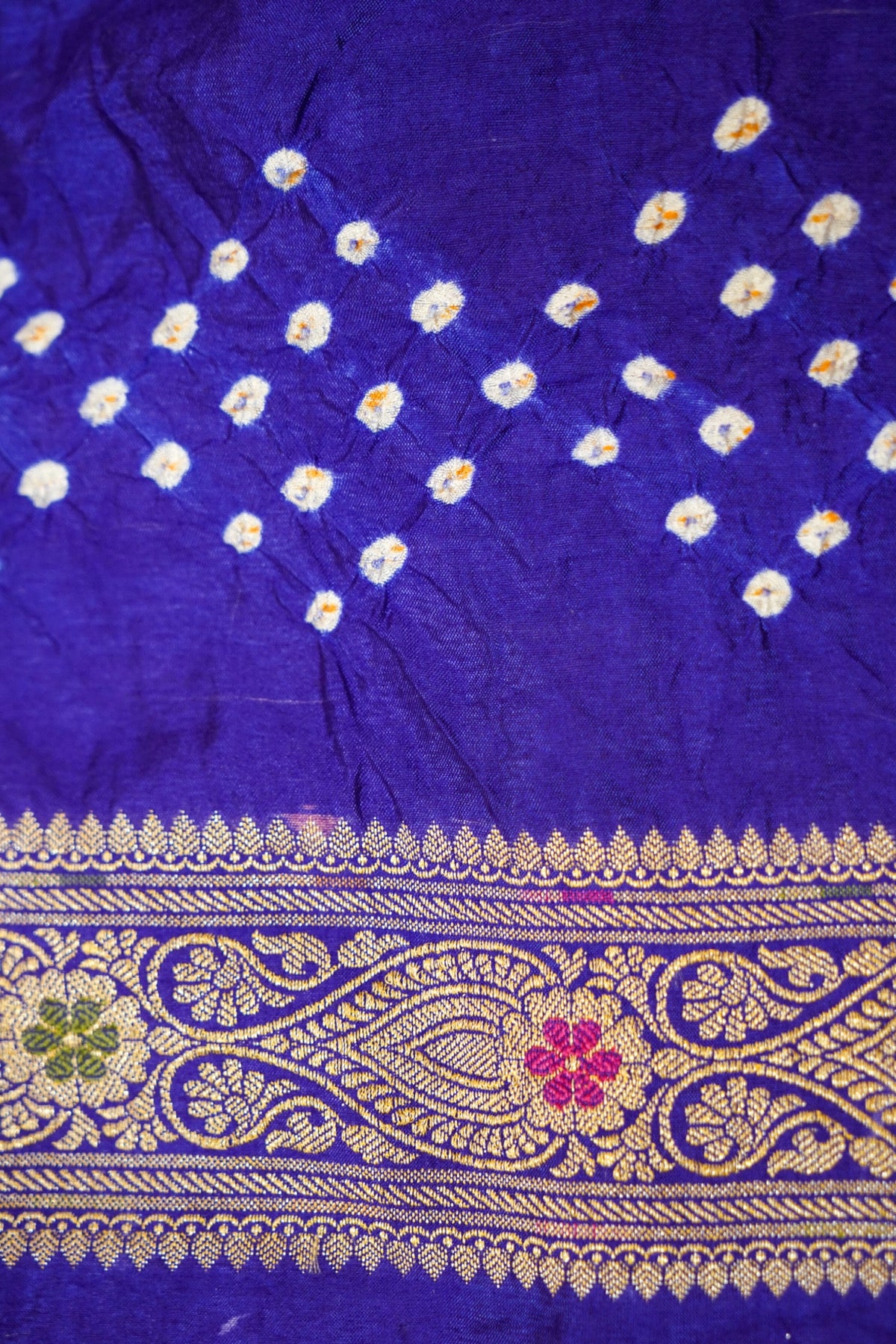 Mint Green - Royal Blue Ombre Bandhani Saree with Mirror Work and Fringe Border