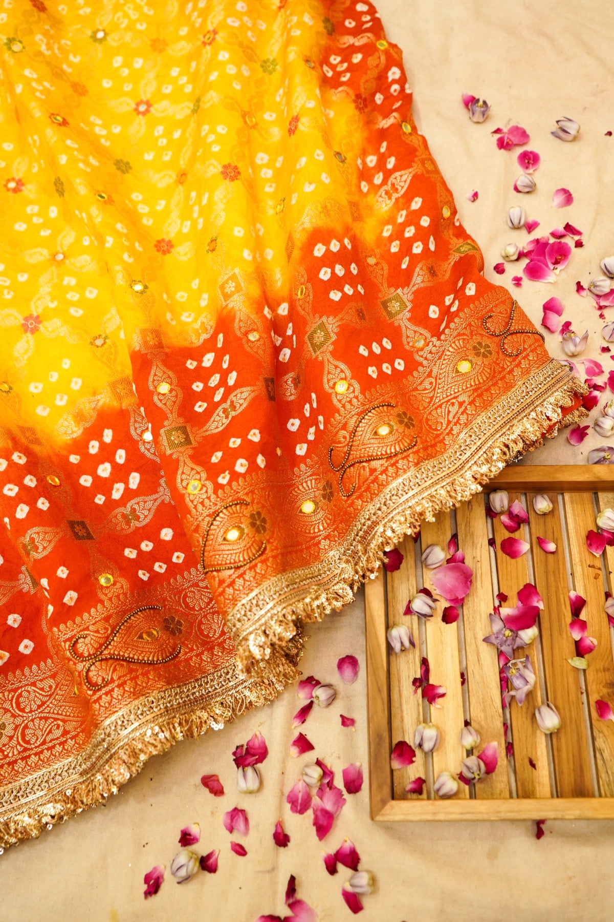 Marigold Yellow - Orange Ombre Bandhani Saree with Mirror Work and Fringe Border