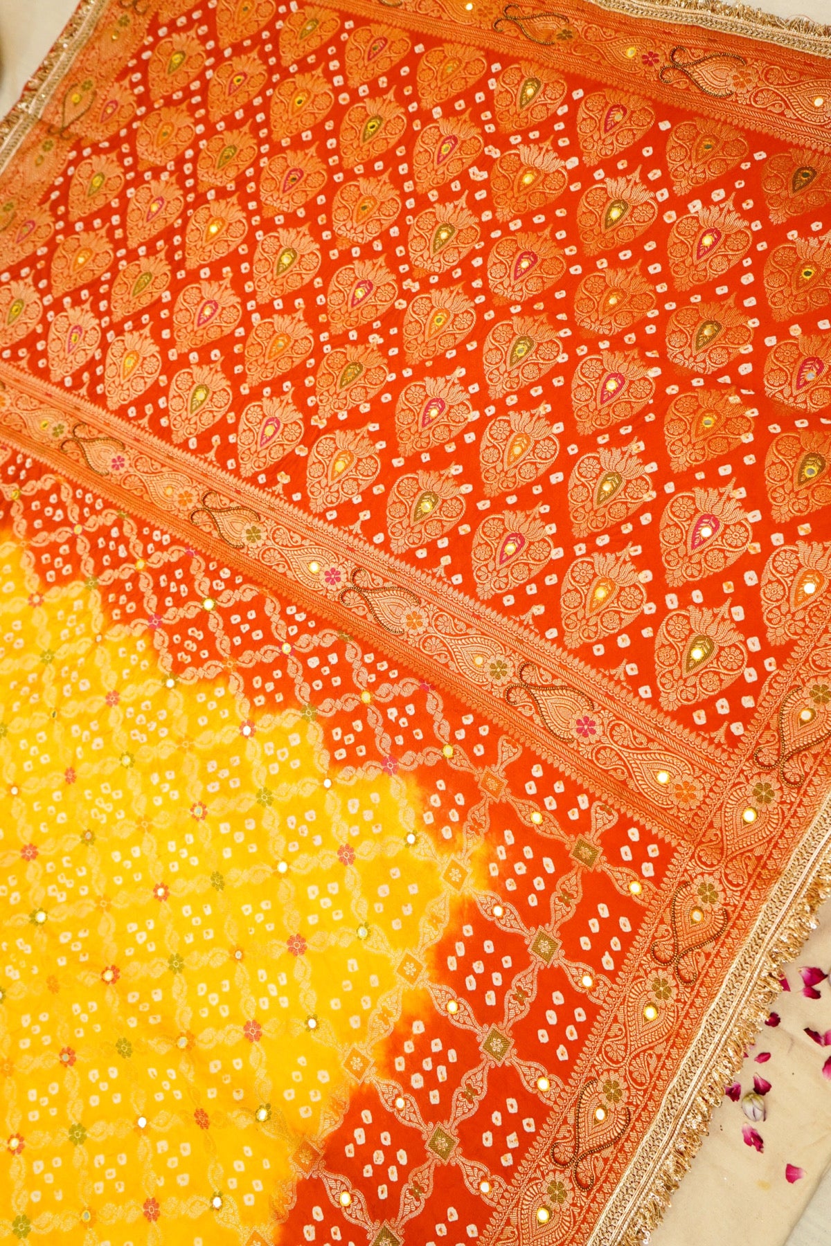 Marigold Yellow - Orange Ombre Bandhani Saree with Mirror Work and Fringe Border