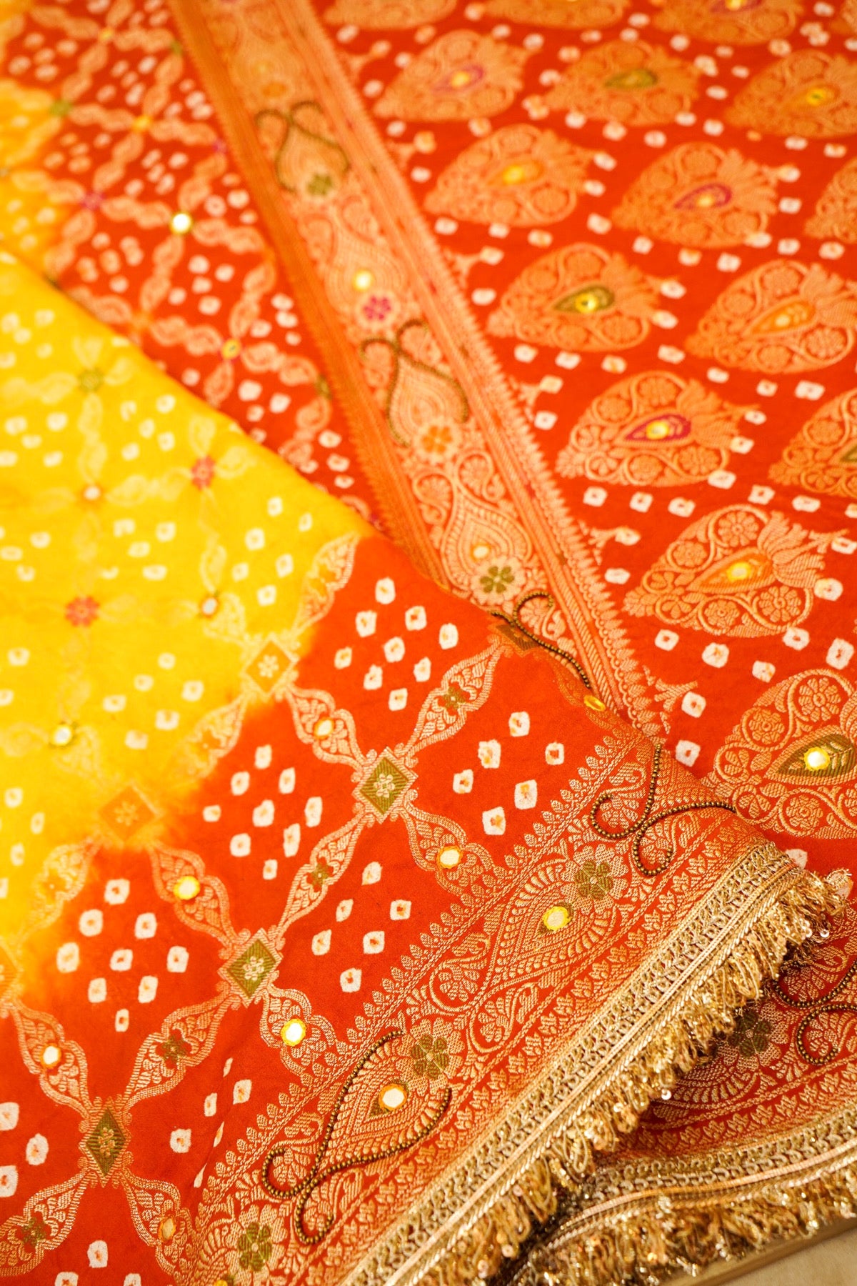 Marigold Yellow - Orange Ombre Bandhani Saree with Mirror Work and Fringe Border