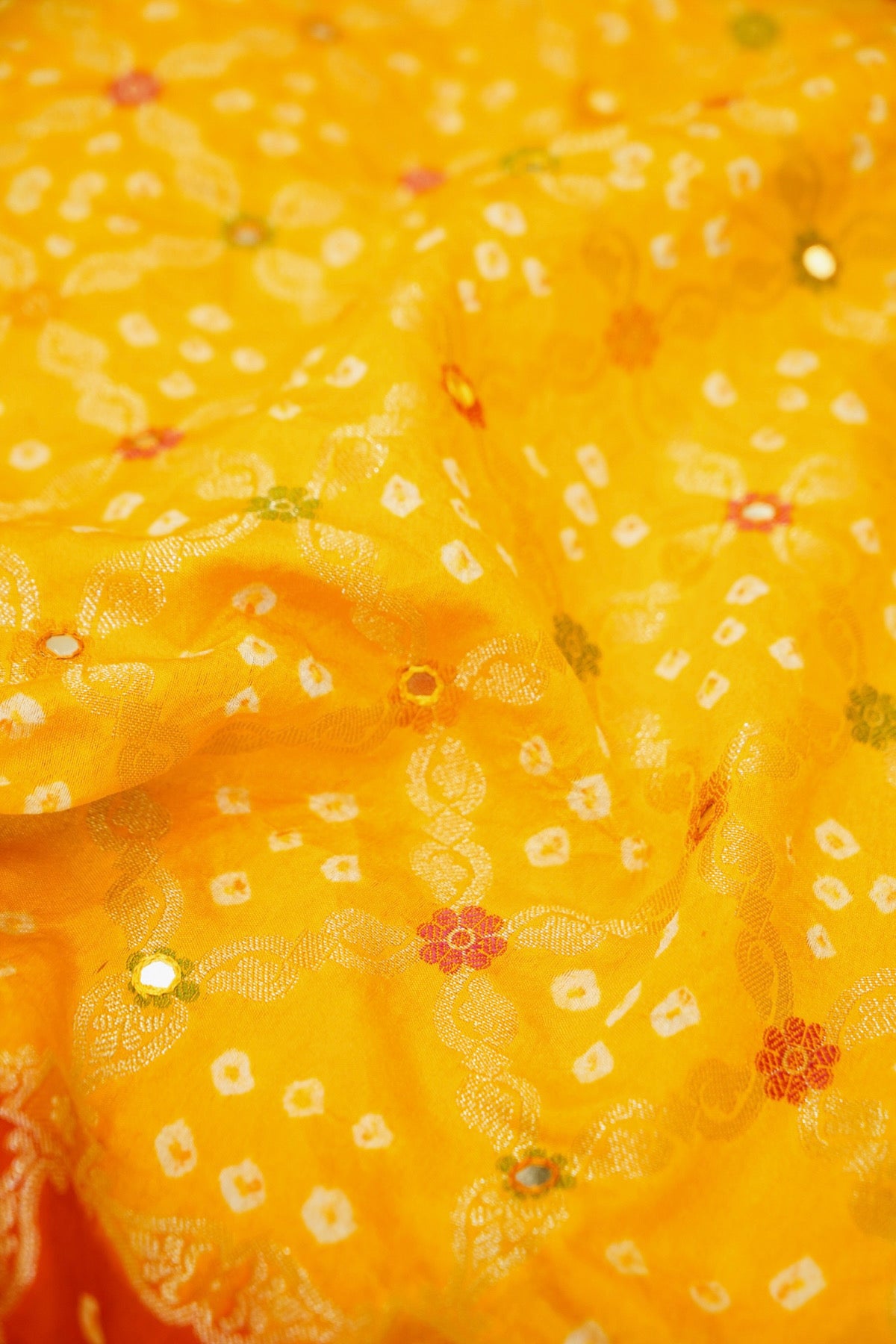 Marigold Yellow - Orange Ombre Bandhani Saree with Mirror Work and Fringe Border