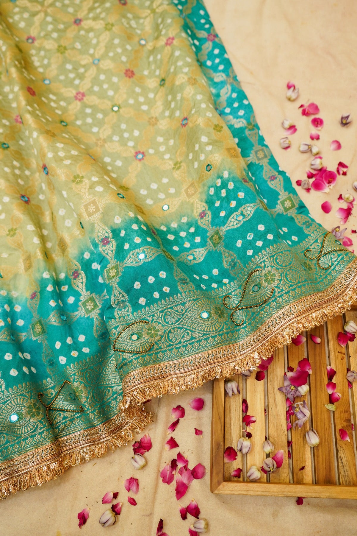 Pistachio Green - Aqua Ombre Bandhani Saree with Mirror Work and Fringe Border