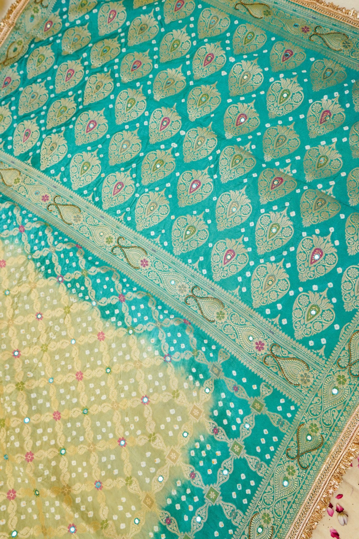 Pistachio Green - Aqua Ombre Bandhani Saree with Mirror Work and Fringe Border