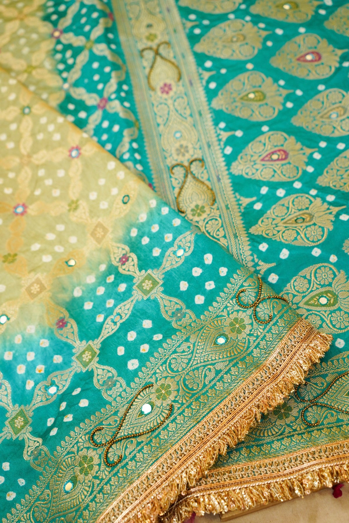 Pistachio Green - Aqua Ombre Bandhani Saree with Mirror Work and Fringe Border