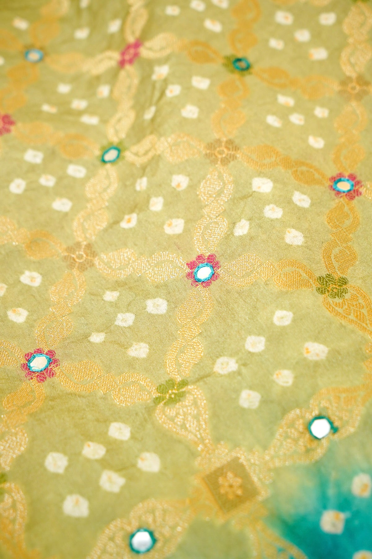 Pistachio Green - Aqua Ombre Bandhani Saree with Mirror Work and Fringe Border
