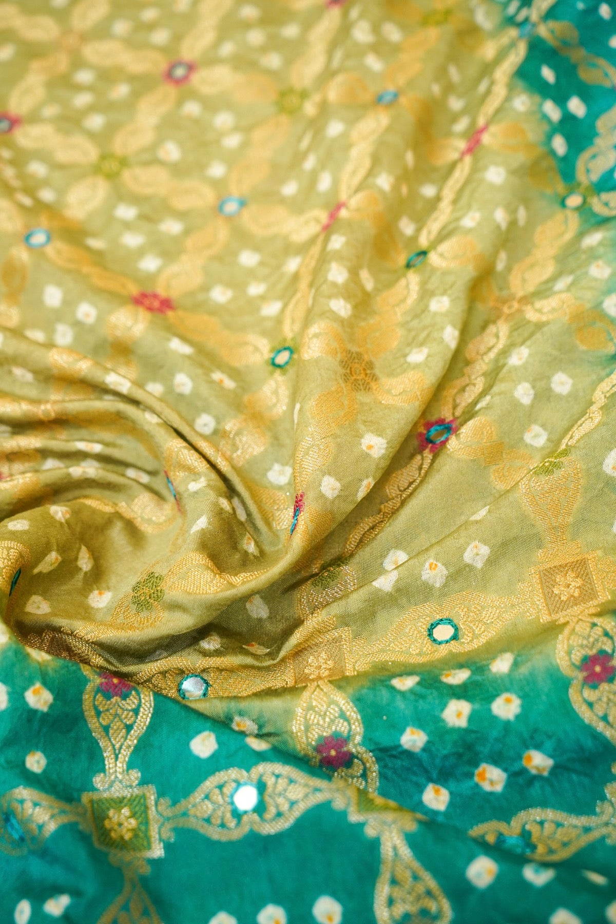 Pistachio Green - Aqua Ombre Bandhani Saree with Mirror Work and Fringe Border