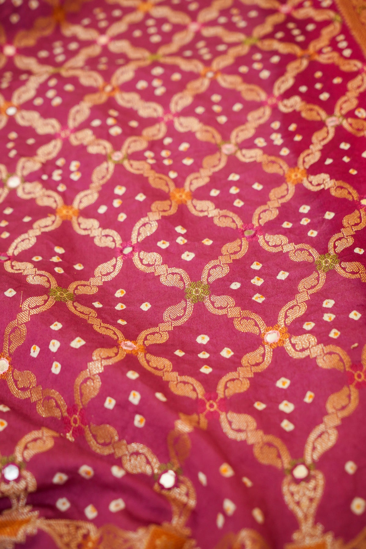 Rani Pink Ombre Bandhani Saree with Mirror Work and Fringe Border