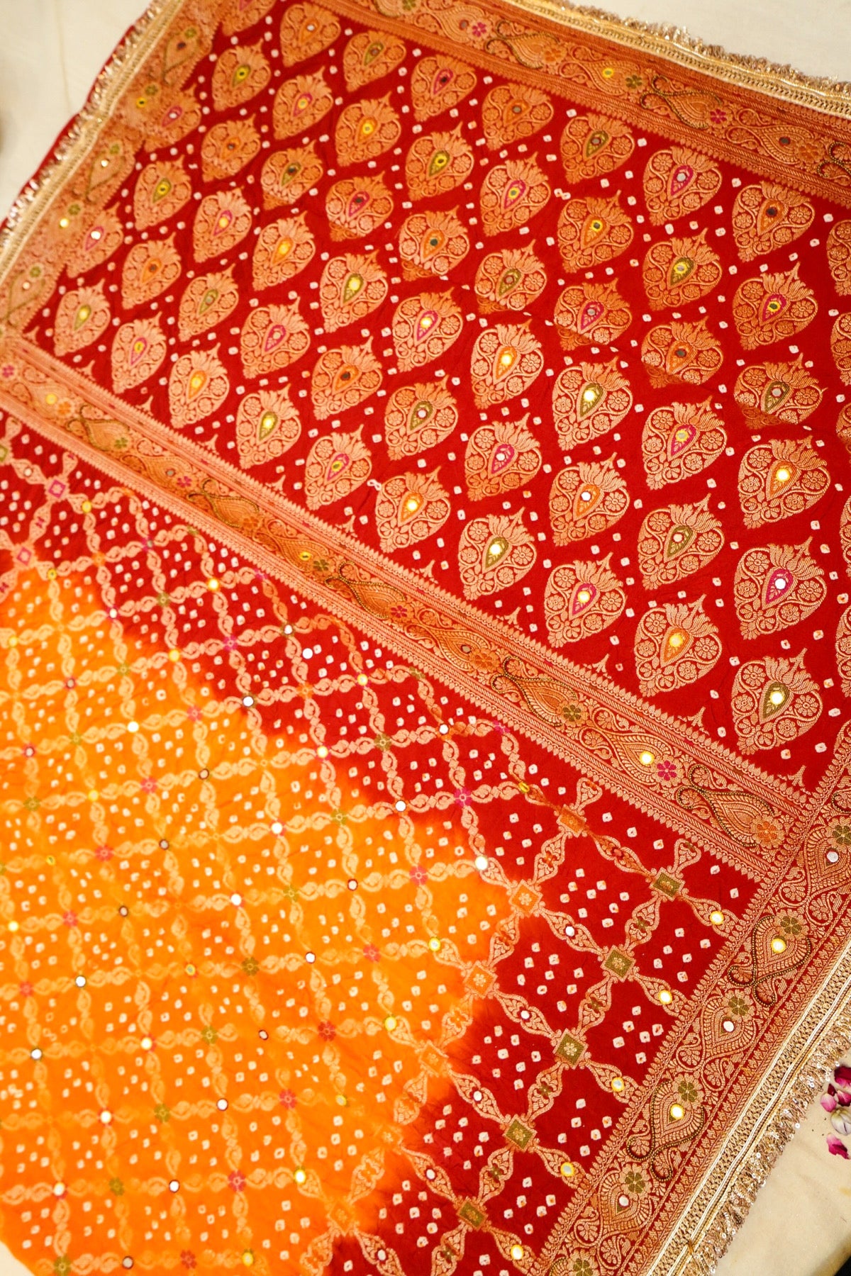 Orange - Vermilion Red Ombre Bandhani Saree with Mirror Work and Fringe Border