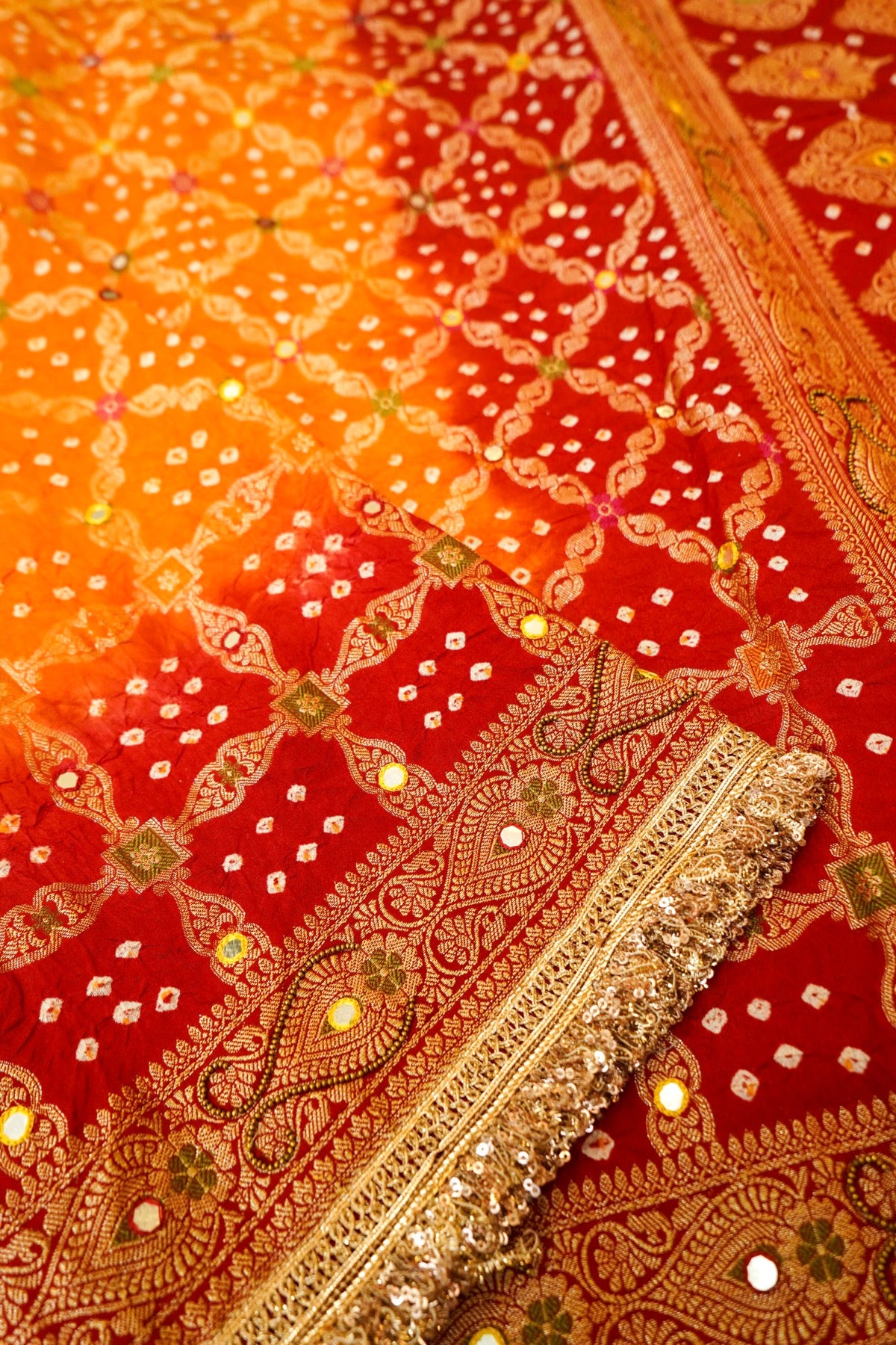 Orange - Vermilion Red Ombre Bandhani Saree with Mirror Work and Fringe Border