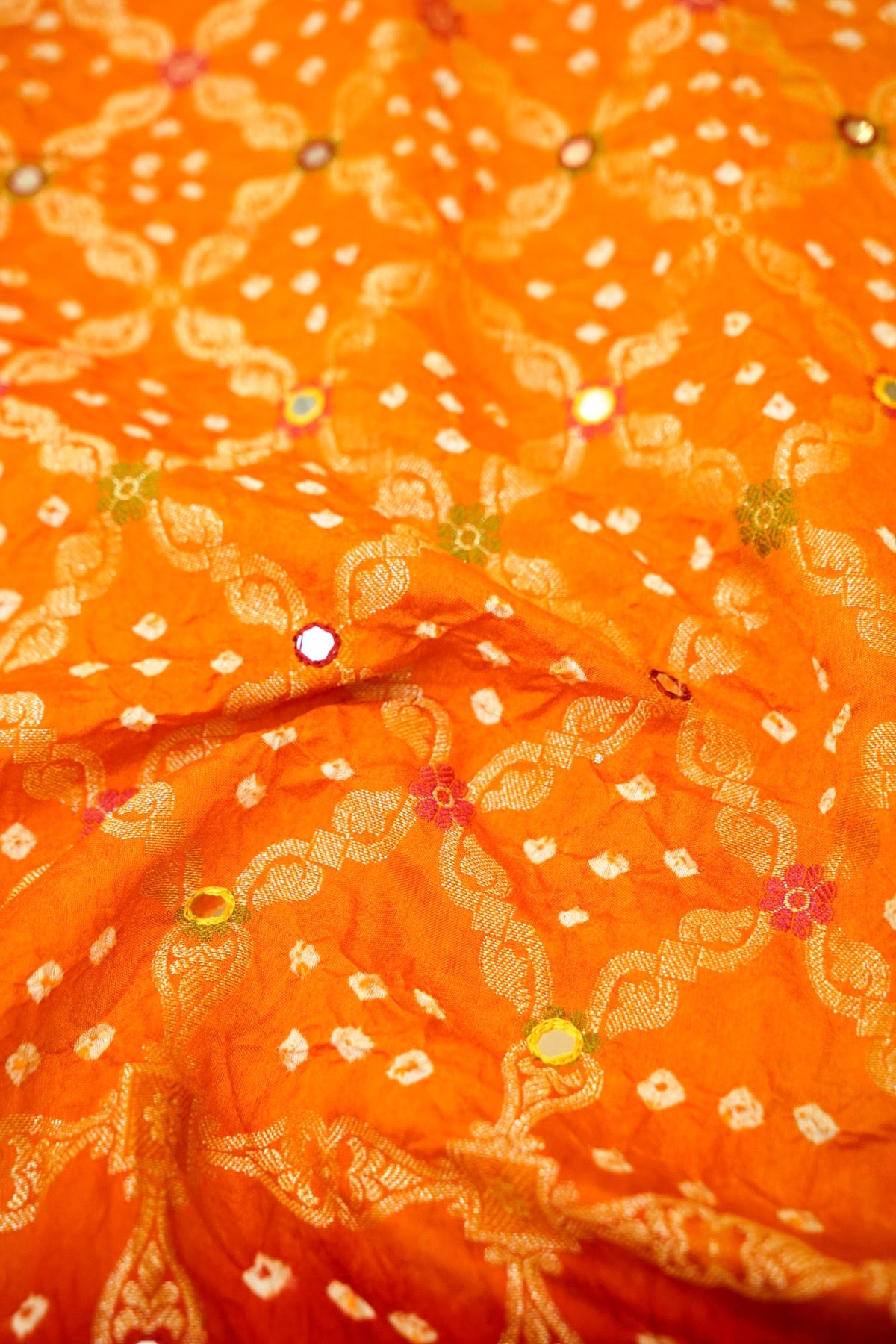 Orange - Vermilion Red Ombre Bandhani Saree with Mirror Work and Fringe Border